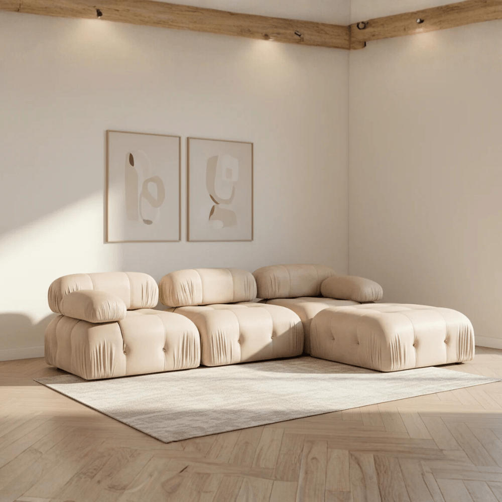 Modulares XXL-Ecksofa Bubble mit Ottomane – Samtbeige