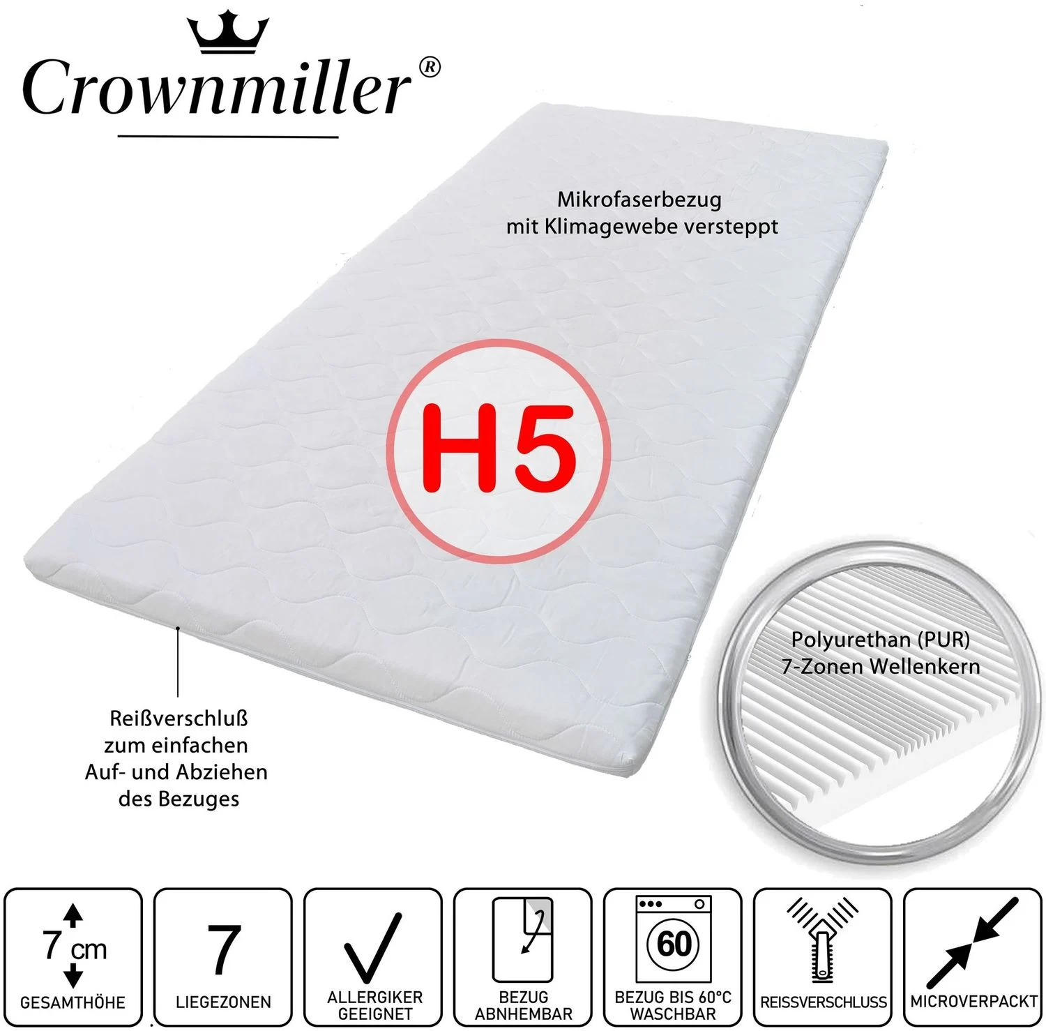 Crownmiller Gigant 200x200cm extra fest, 7 Zonen XXL Topper, 7 cm, Bezug waschbar bis 60°C