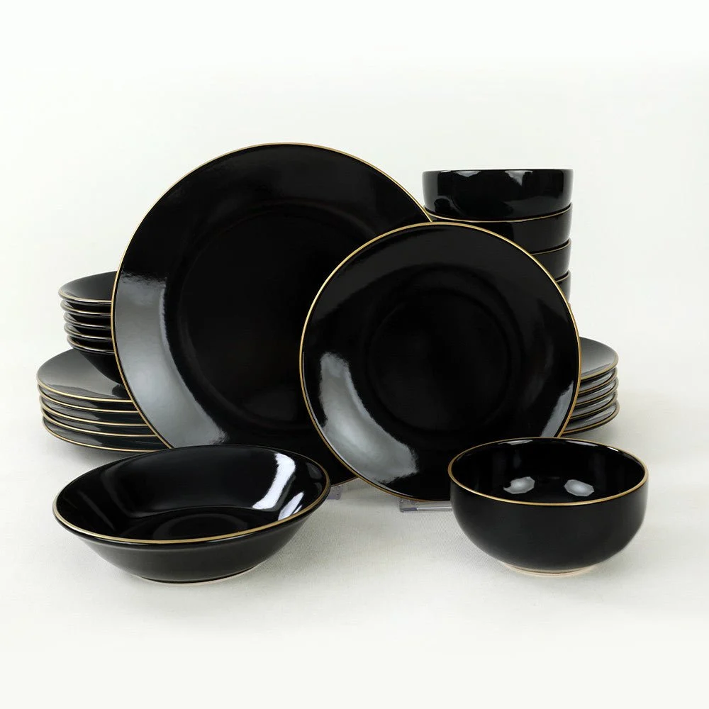 Keramikgeschirr-Set – 24-teilig – Schwarz mit Gold – Blackster