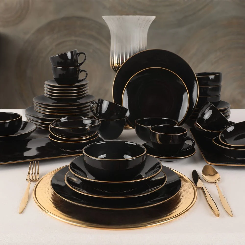 Keramikgeschirrset – 44-teilig – Schwarz mit Gold – Blackster