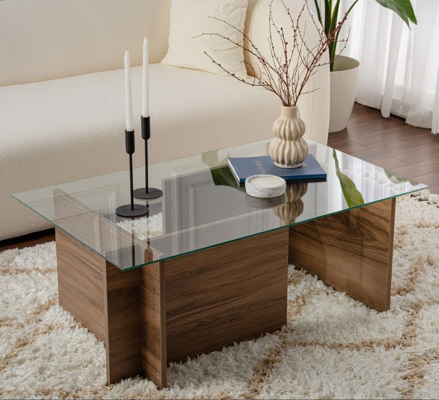 Rechteckig modern Couchtisch Vetroni Walnussoptik - Glas - 105x65 cm