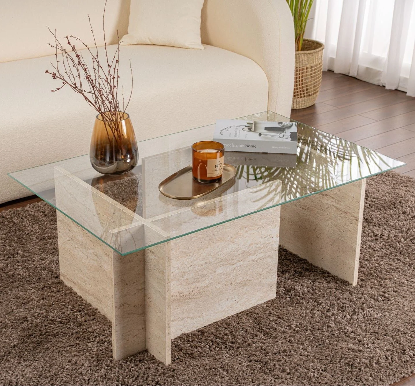 Rechteckig modern Couchtisch Vetroni Travertin-Look – Glas – 105 x 65 cm