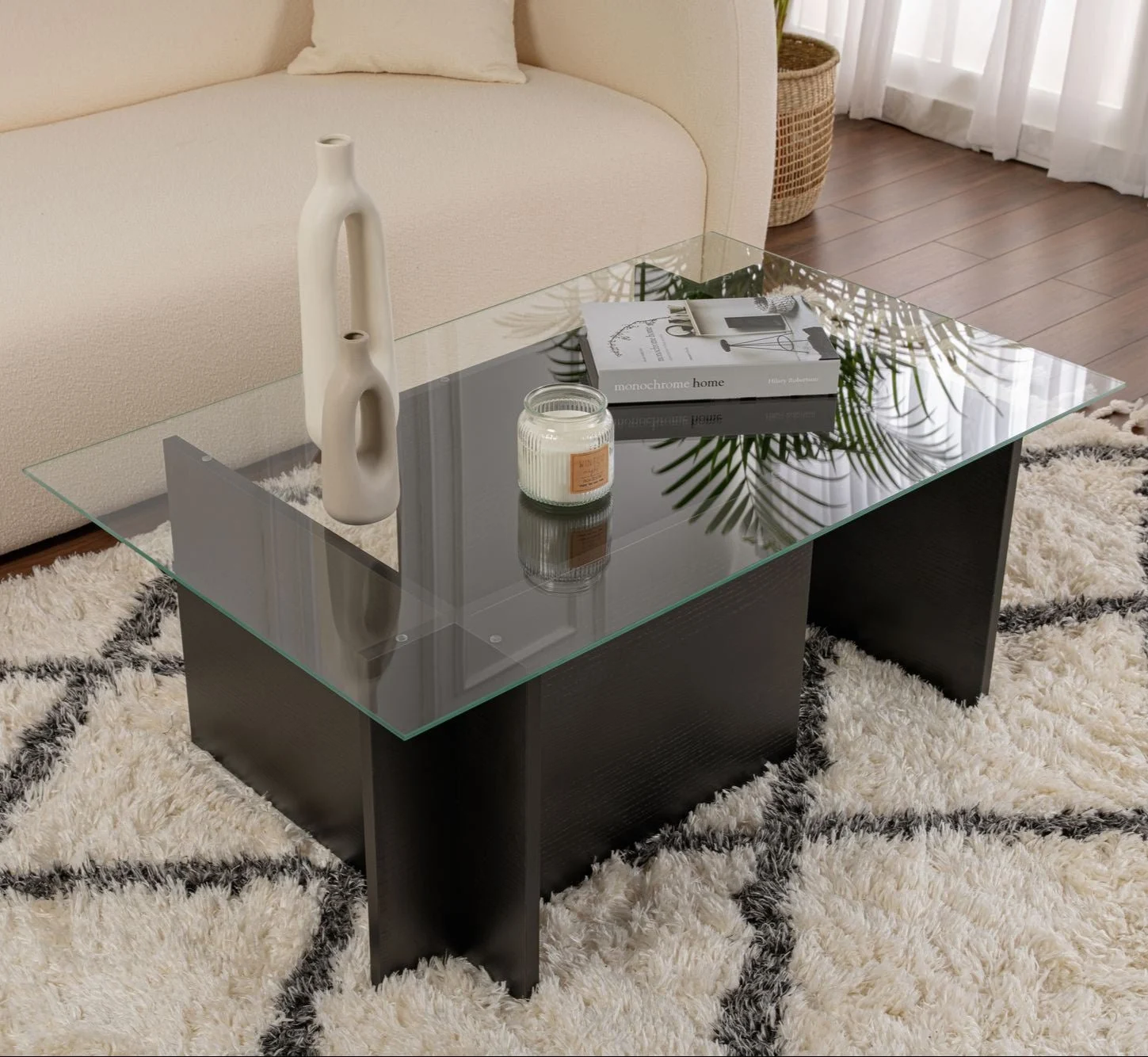 Rechteckig modern Couchtisch Vetroni Schwarzer Holzlook – Glas – 105 x 65 cm