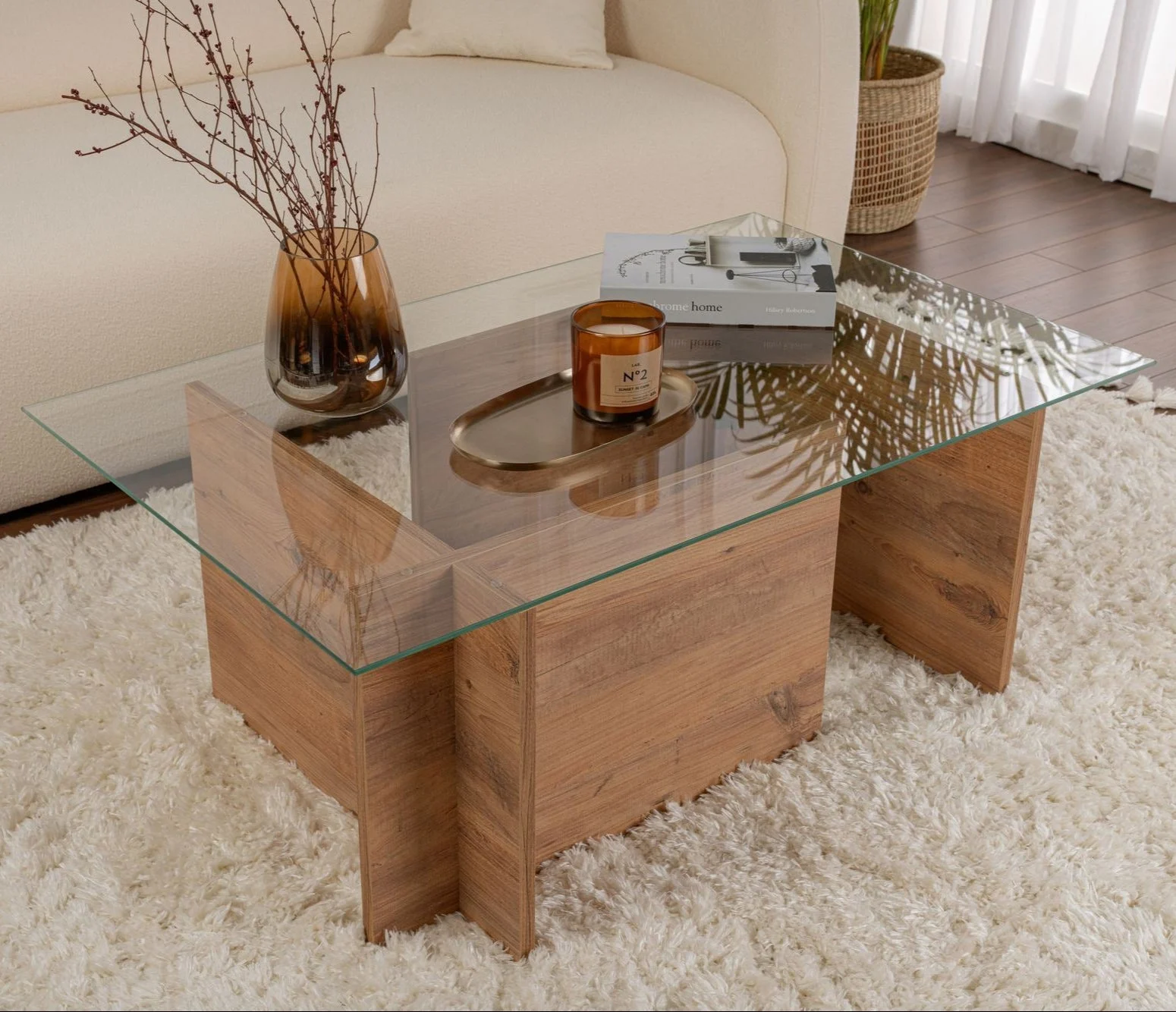 Rechteckig modern Couchtisch Vetroni Atlantic Pine Look – Glas – 105 x 65 cm