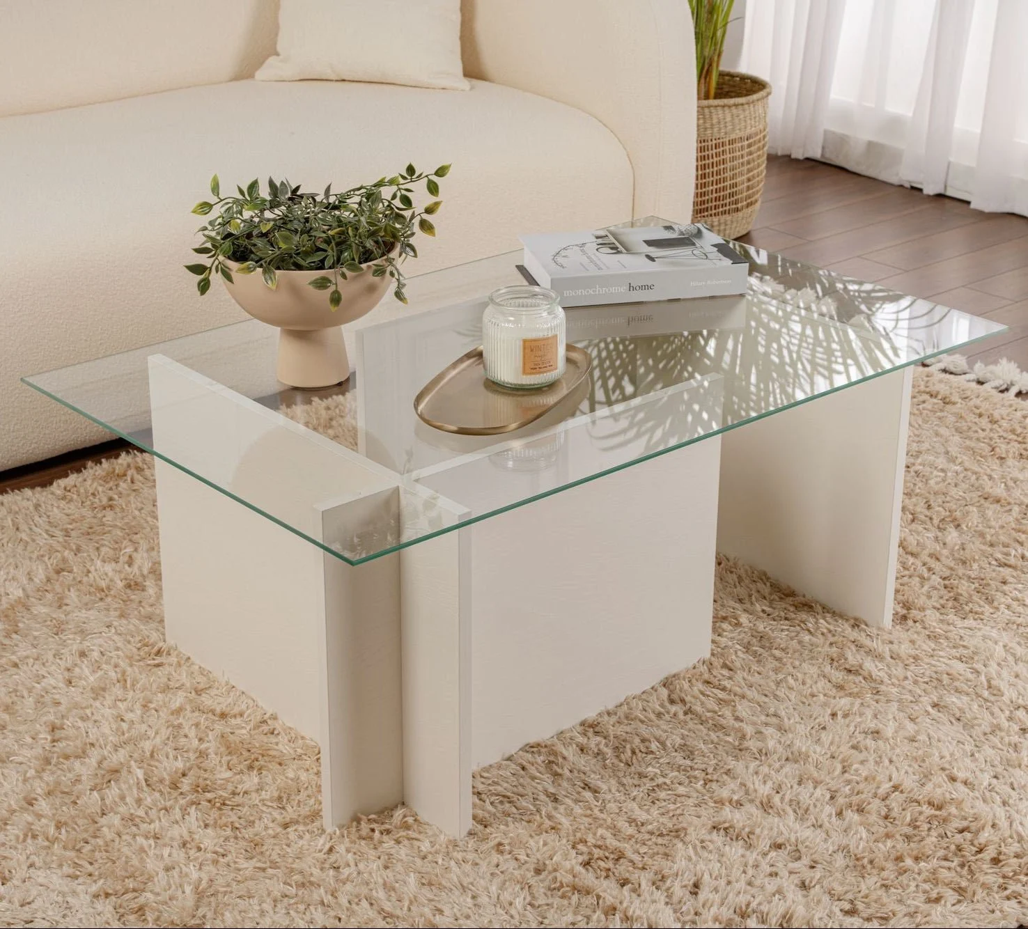 Rechteckig modern Couchtisch Vetroni Weiße Holzoptik - Glas - 105x65 cm