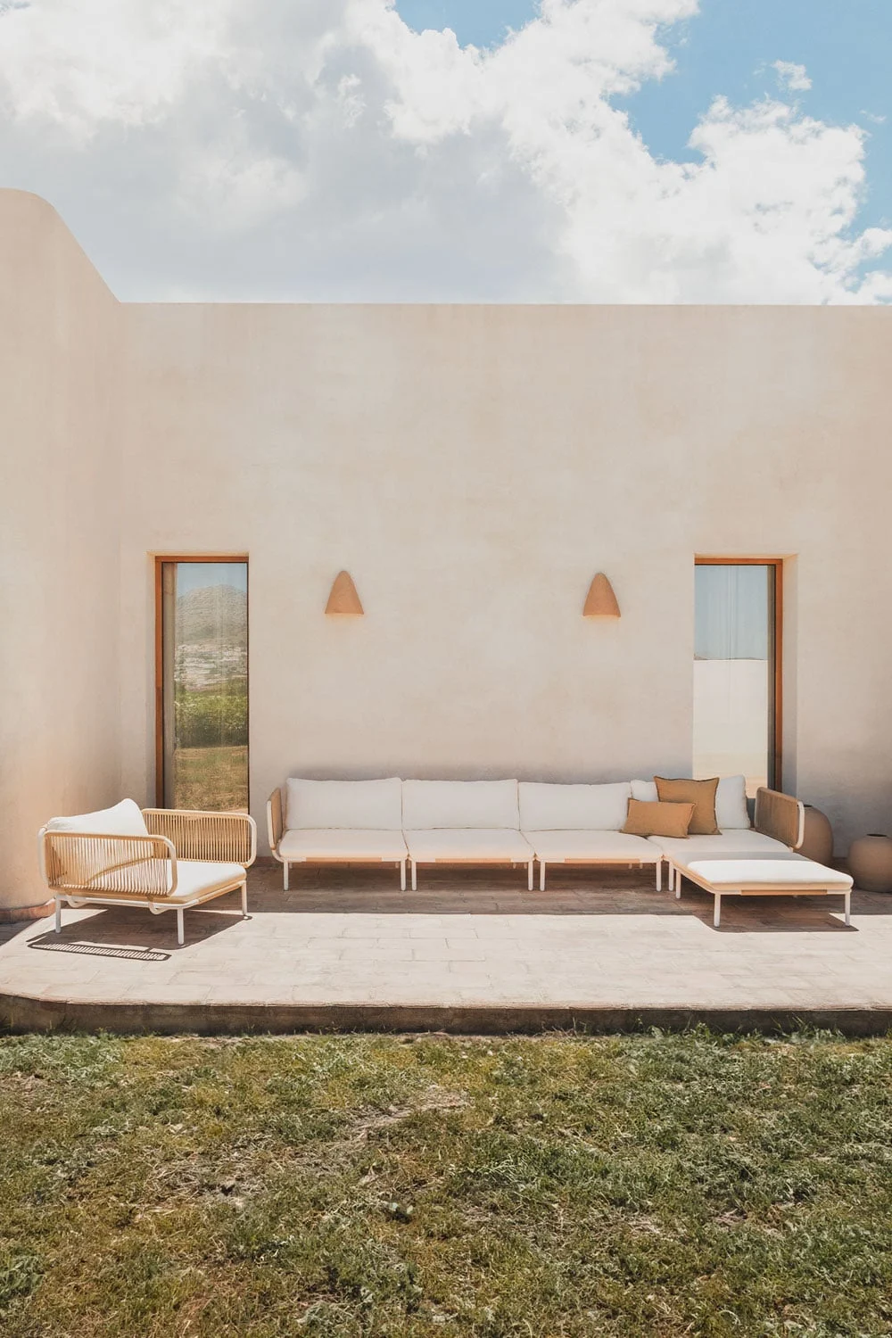 Gartenset mit 4-teiliger modularer Eckcouch, Hocker und Sessel aus Roubly-Stahl