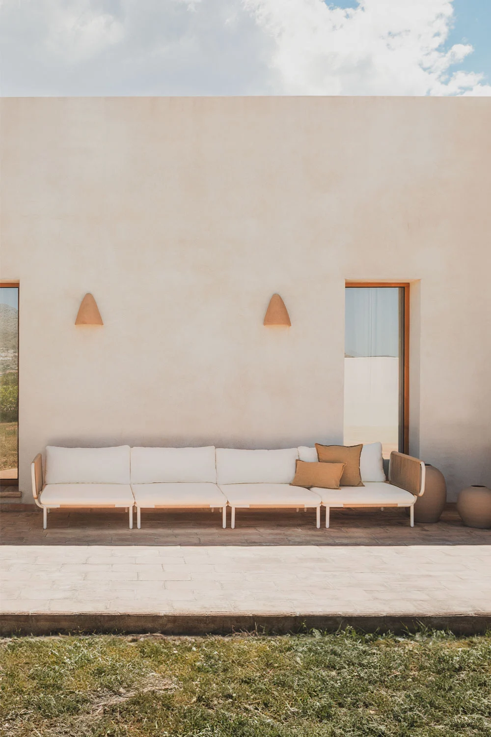 Gartenset mit 4-teiliger modularer Sofagarnitur mit 2 Eckmodulen aus Roubly-Stahl
