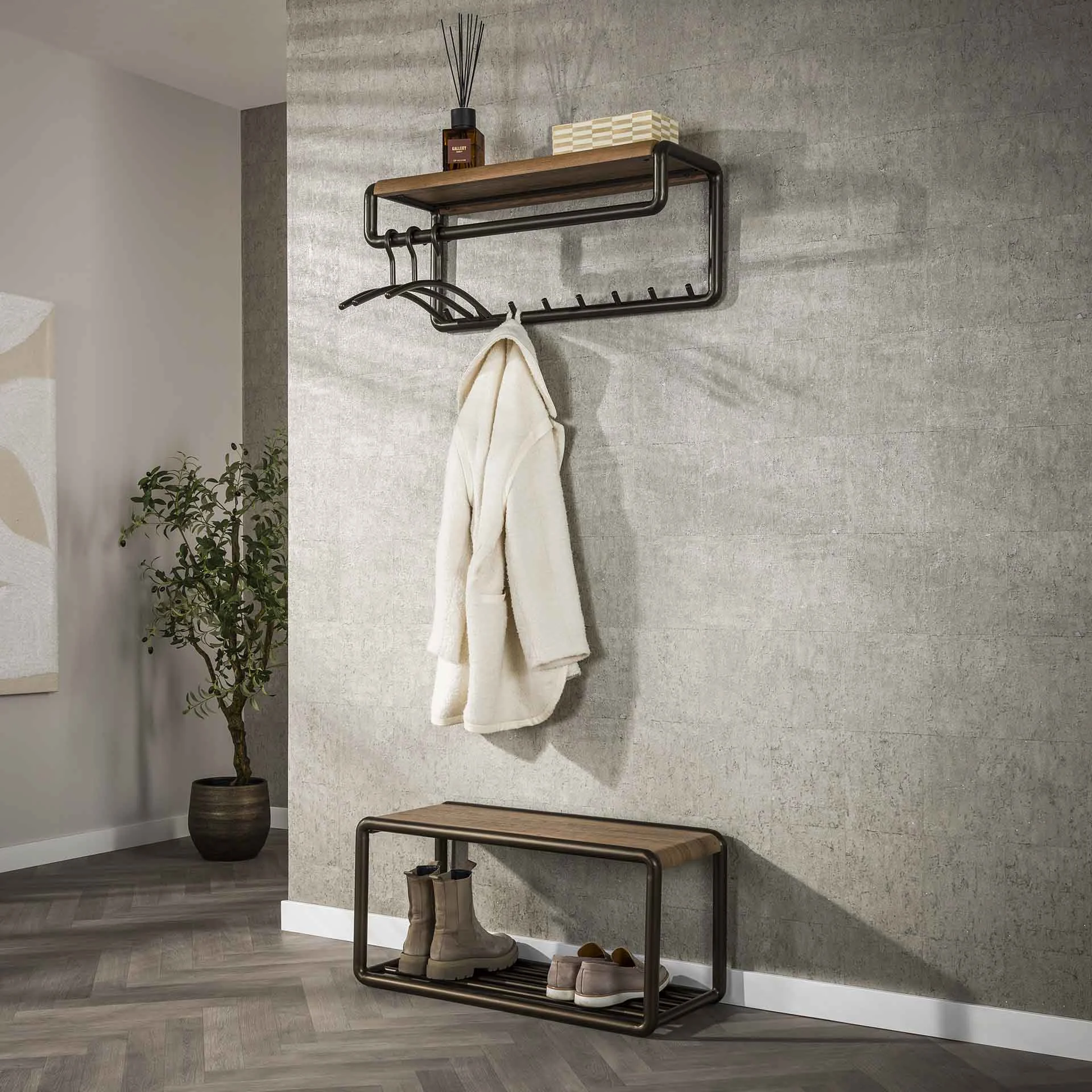 Garderobe Senna Stange und Hutablage 8 Haken Driftbraun