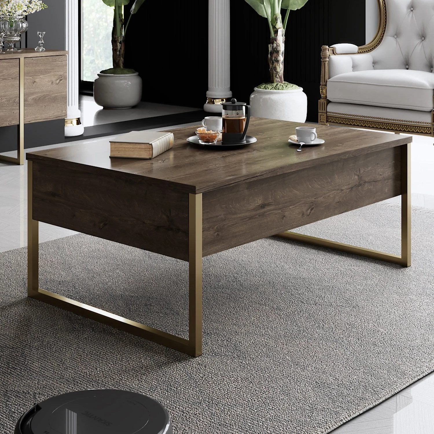 Rechteckig Couchtisch Walnuss Luxus 90x60 - Goldener Rahmen