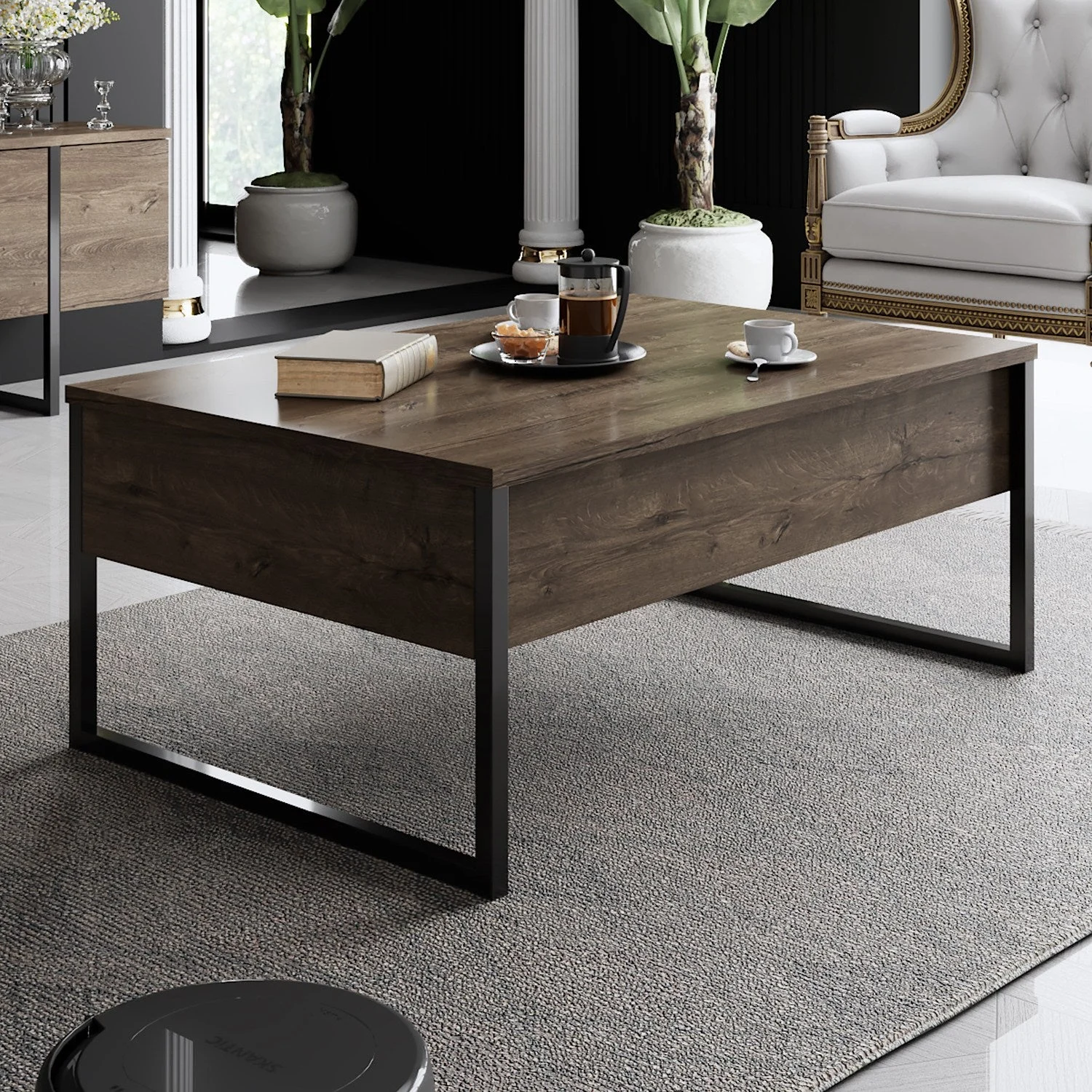 Rechteckig Couchtisch Walnuss Luxus 90x60 – Schwarzer Rahmen