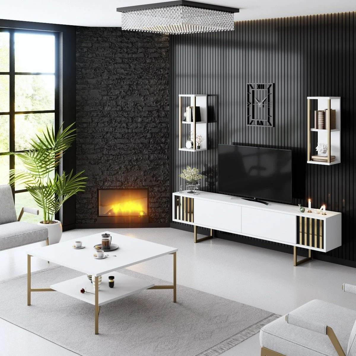Möbelset Weiß-Gold - Gold Line - Couchtisch + TV-Möbel