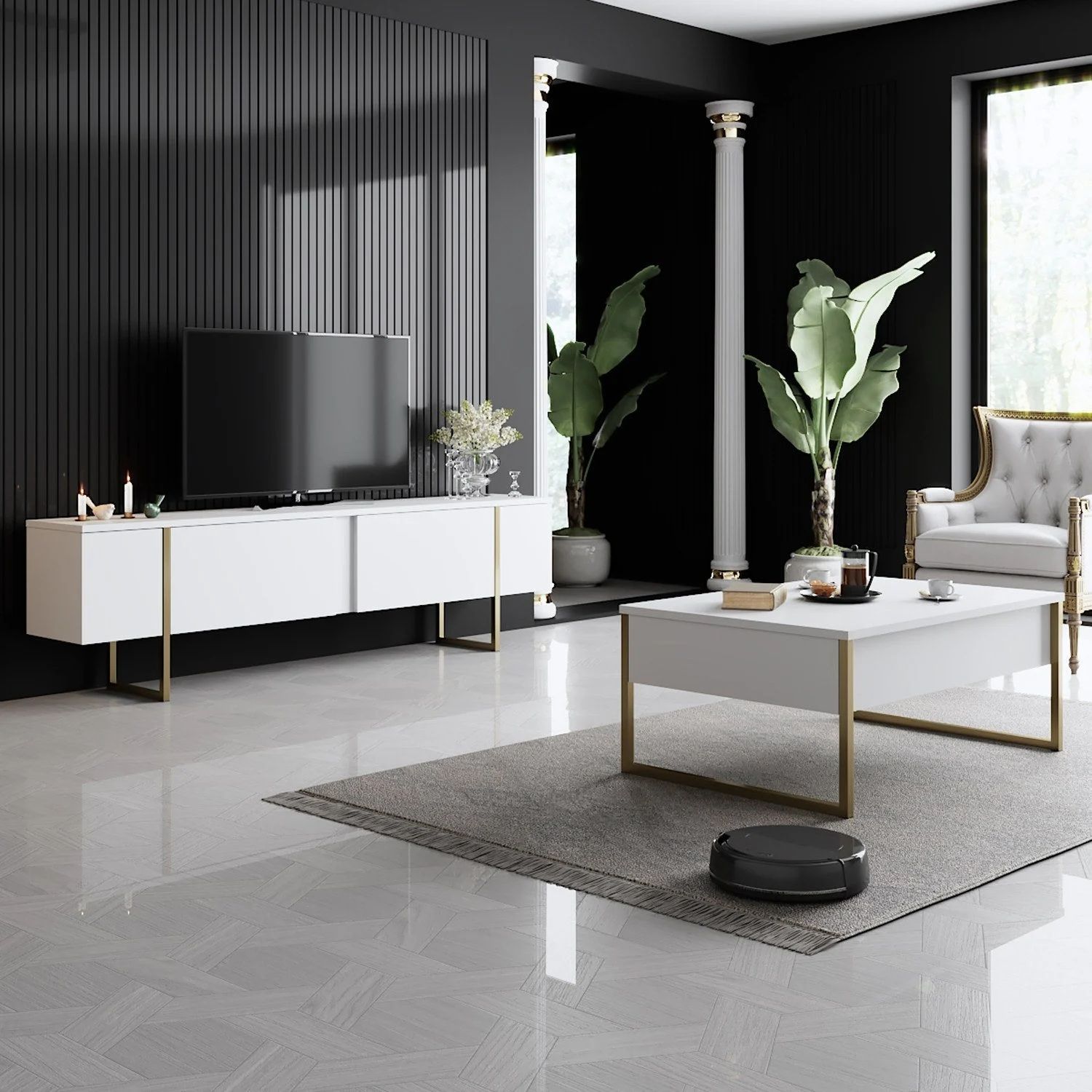 Möbelset Weiß Luxus - Couchtisch + TV-Schrank – Goldener Rahmen