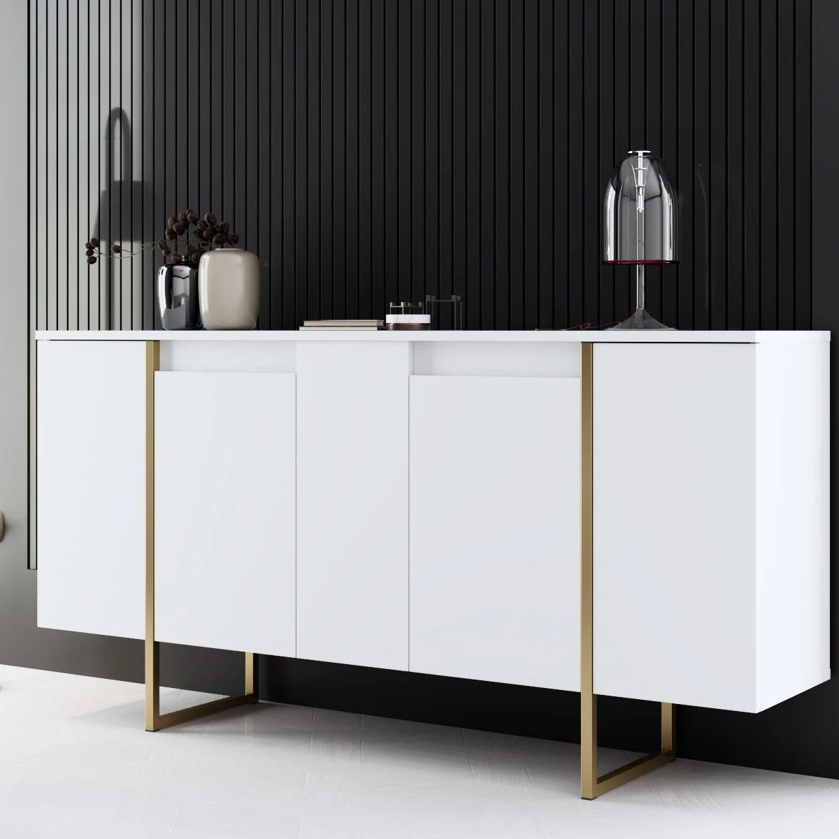 Modern Sideboard Weiß Luxus 160x80x35 - Goldener Rahmen