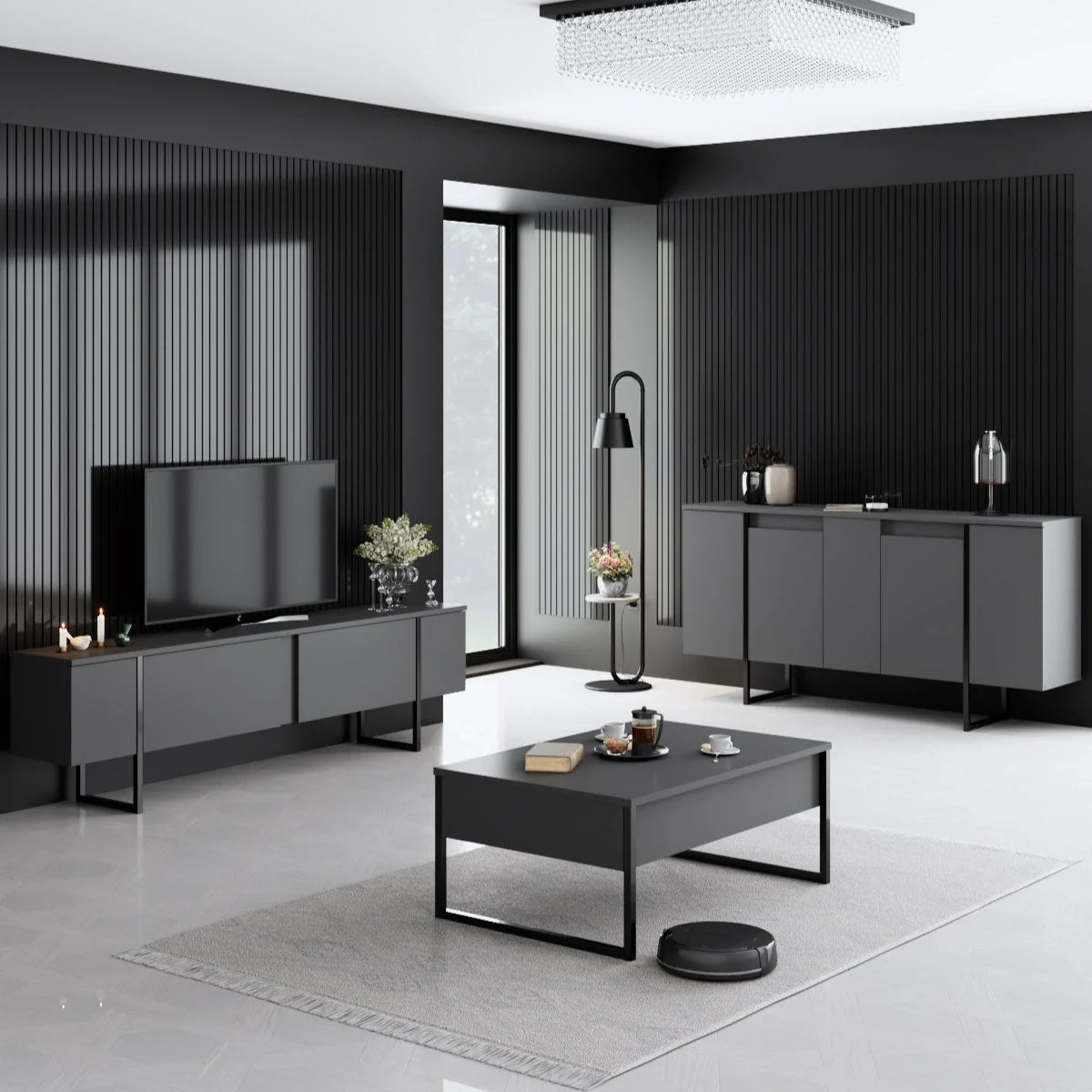 Möbelset Anthrazit Luxus - Couchtisch + TV-Schrank + Kommode – schwarzer Rahmen