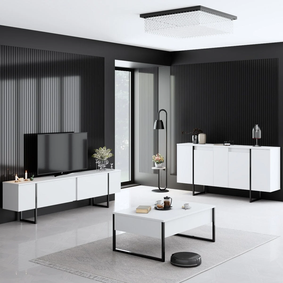 Möbelset Weiß Luxus - Couchtisch + TV-Schrank + Kommode – schwarzer Rahmen
