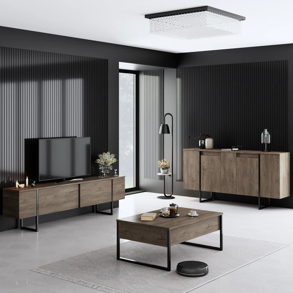 Möbelset Walnuss Luxus - Couchtisch + TV-Schrank + Kommode – schwarzer Rahmen