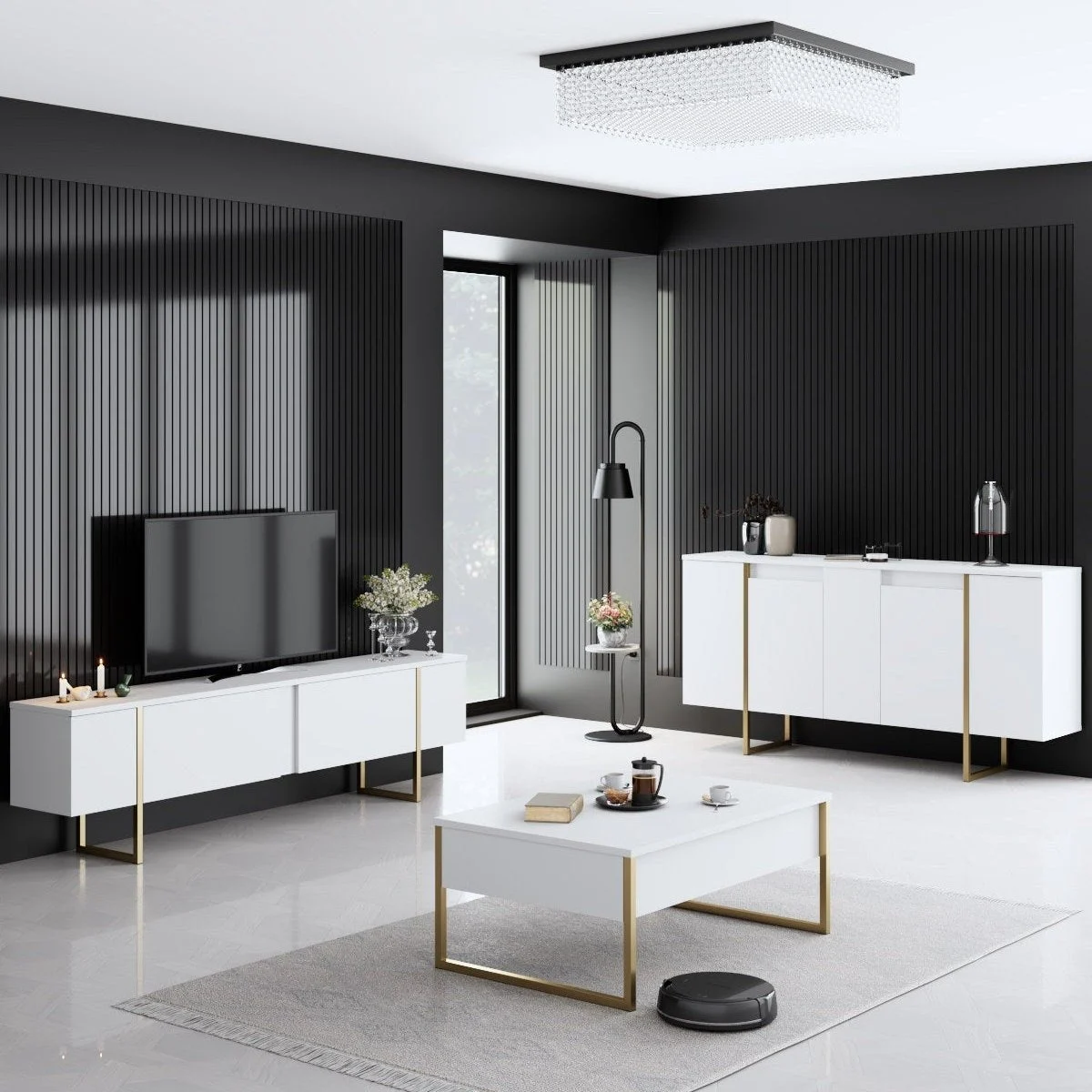 Möbelset Weiß Luxus - Couchtisch + TV-Schrank + Kommode – Goldener Rahmen