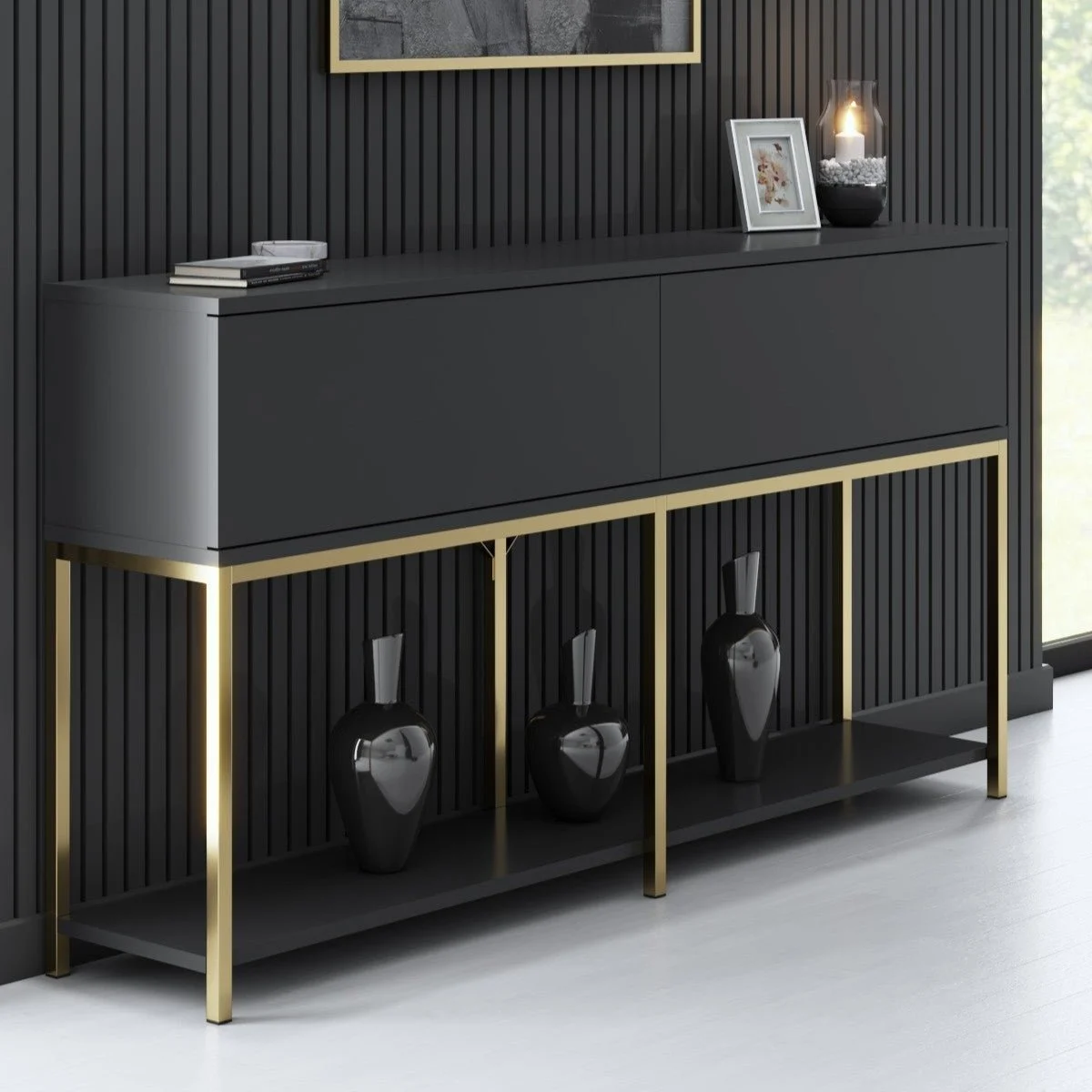 Modern Sideboard Anthrazit Lord 150x30x80 - Goldrahmen - Zwei Fächer