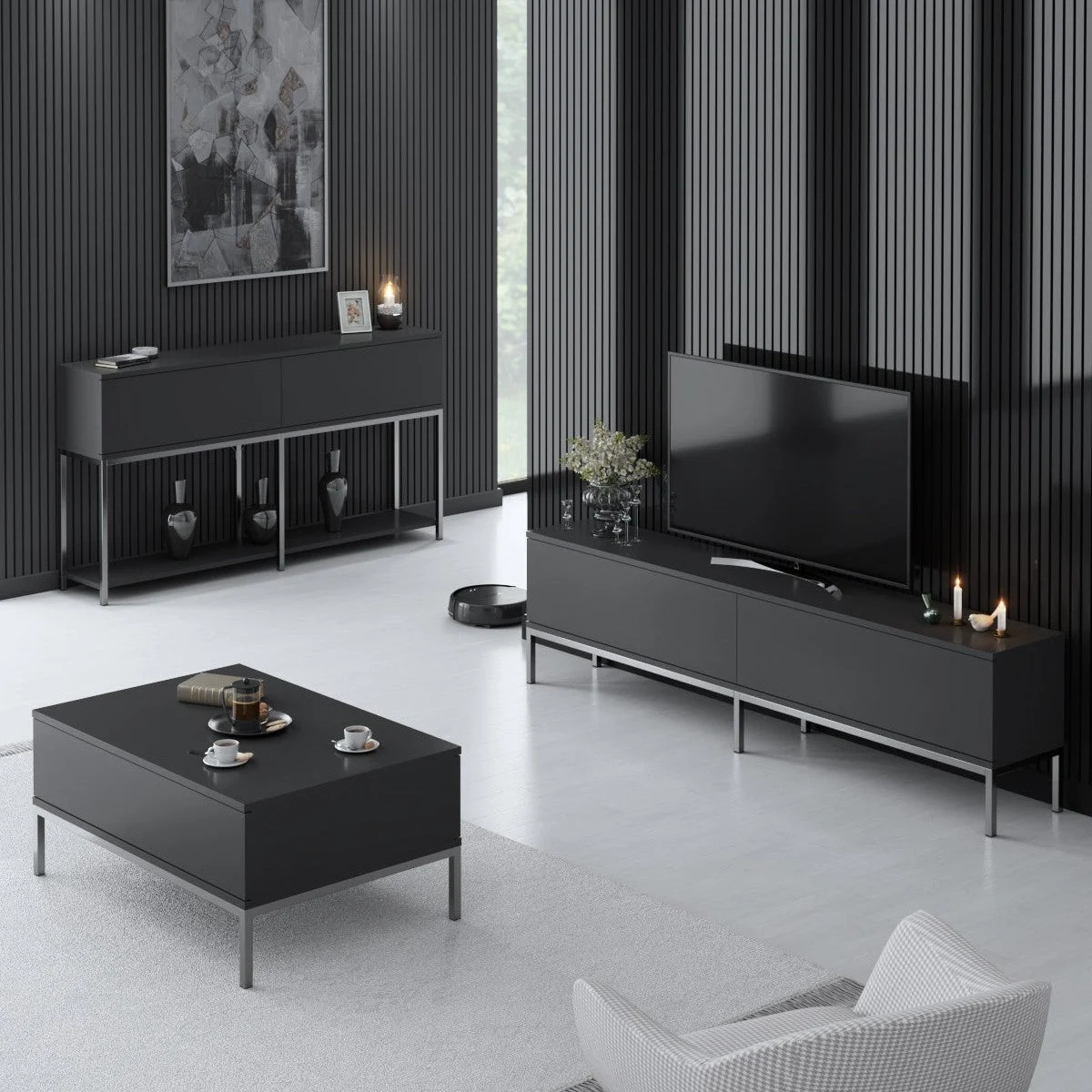 Möbelset Anthrazit Lord - Couchtisch + TV-Schrank + Kommode – silberner Rahmen