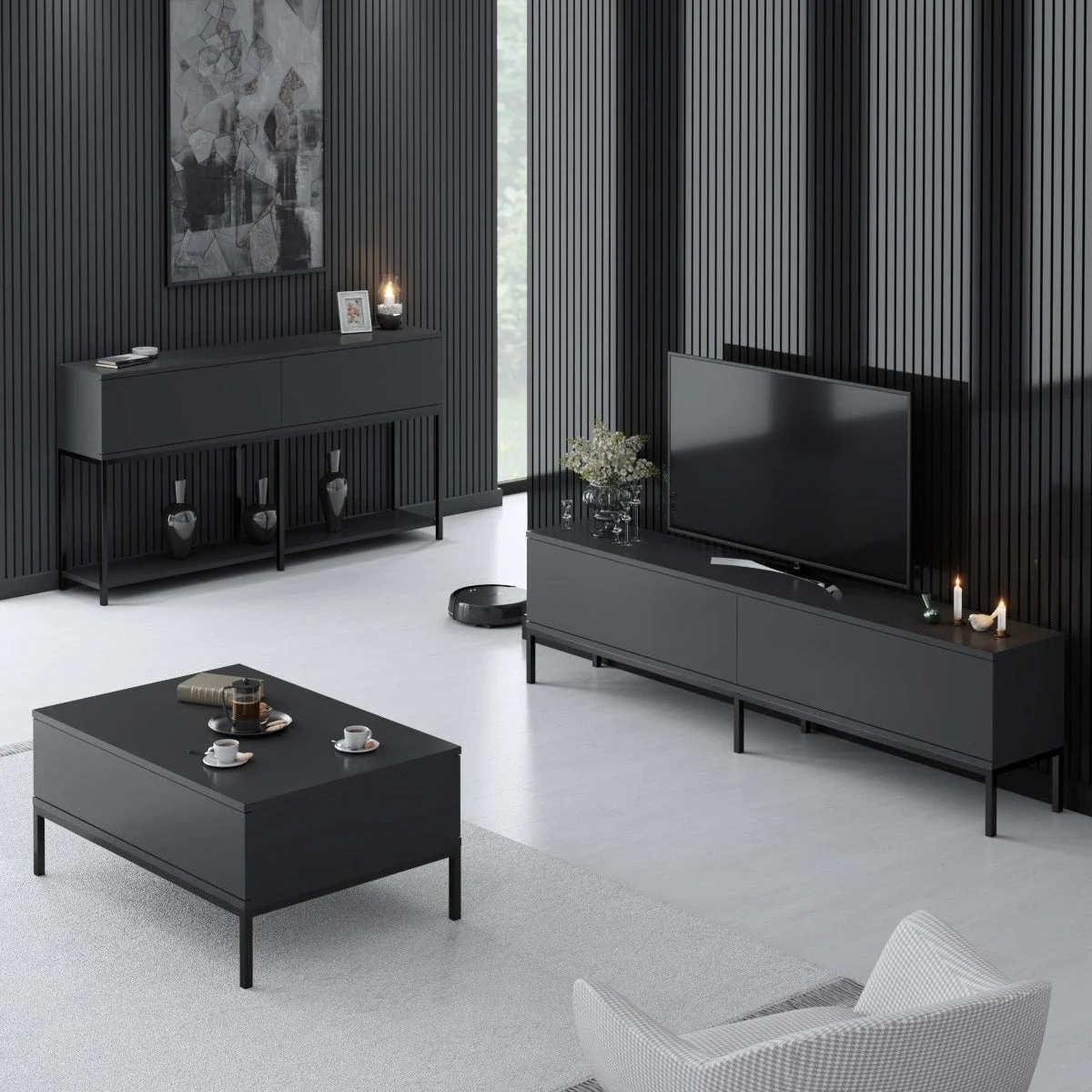 Möbelset Anthrazit Lord - Couchtisch + TV-Schrank + Kommode – schwarzer Rahmen