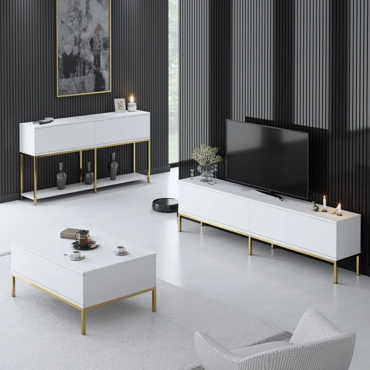 Möbelset White Lord - Couchtisch + TV-Schrank + Kommode – Goldener Rahmen