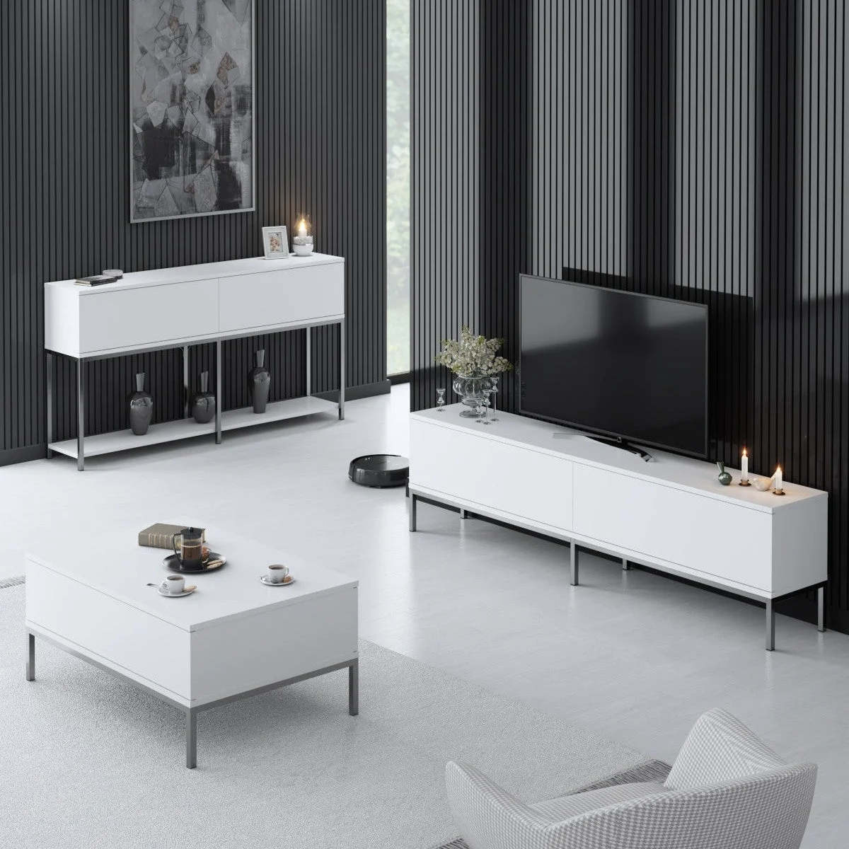 Möbelset White Lord - Couchtisch + TV-Schrank + Kommode – silberner Rahmen