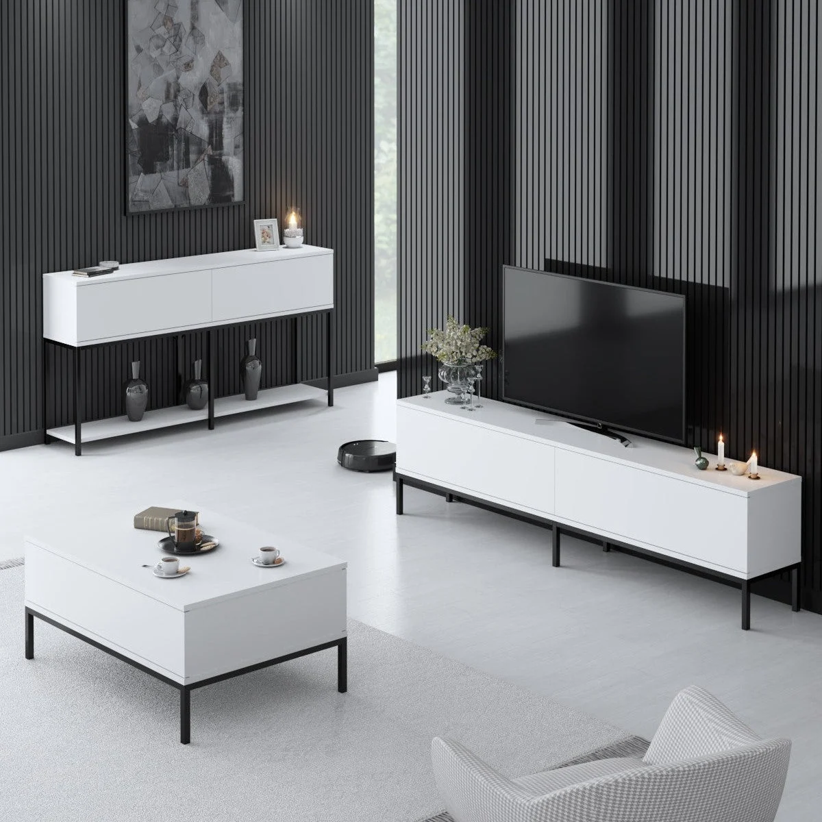 Möbelset White Lord - Couchtisch + TV-Schrank + Kommode – schwarzer Rahmen