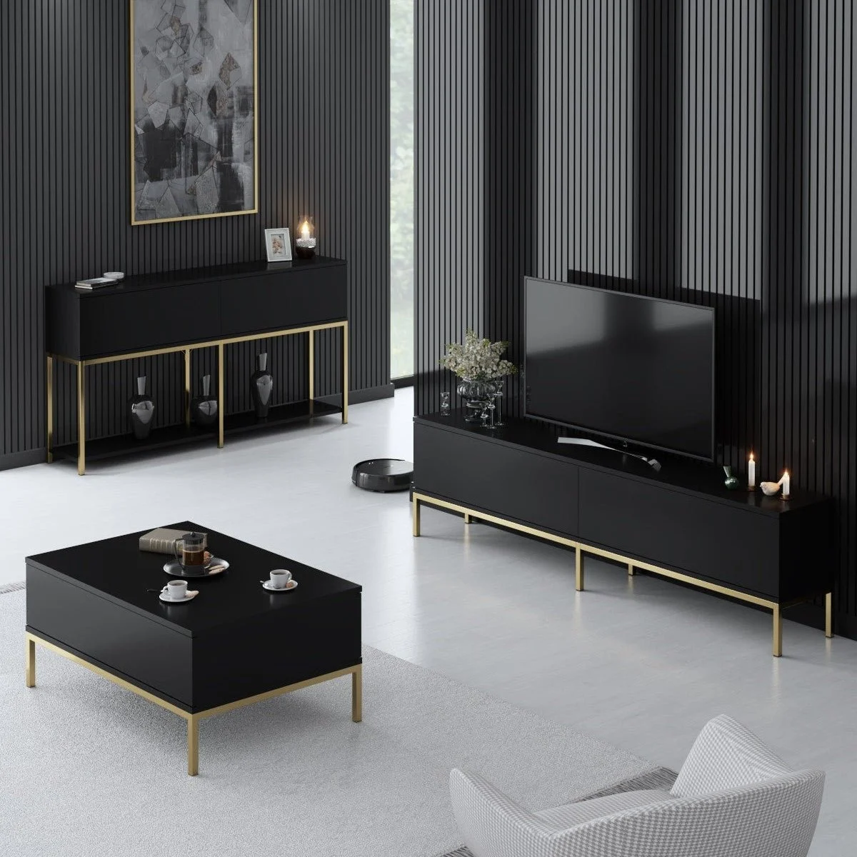 Möbelset Black Lord - Couchtisch + TV-Schrank + Kommode – Goldener Rahmen