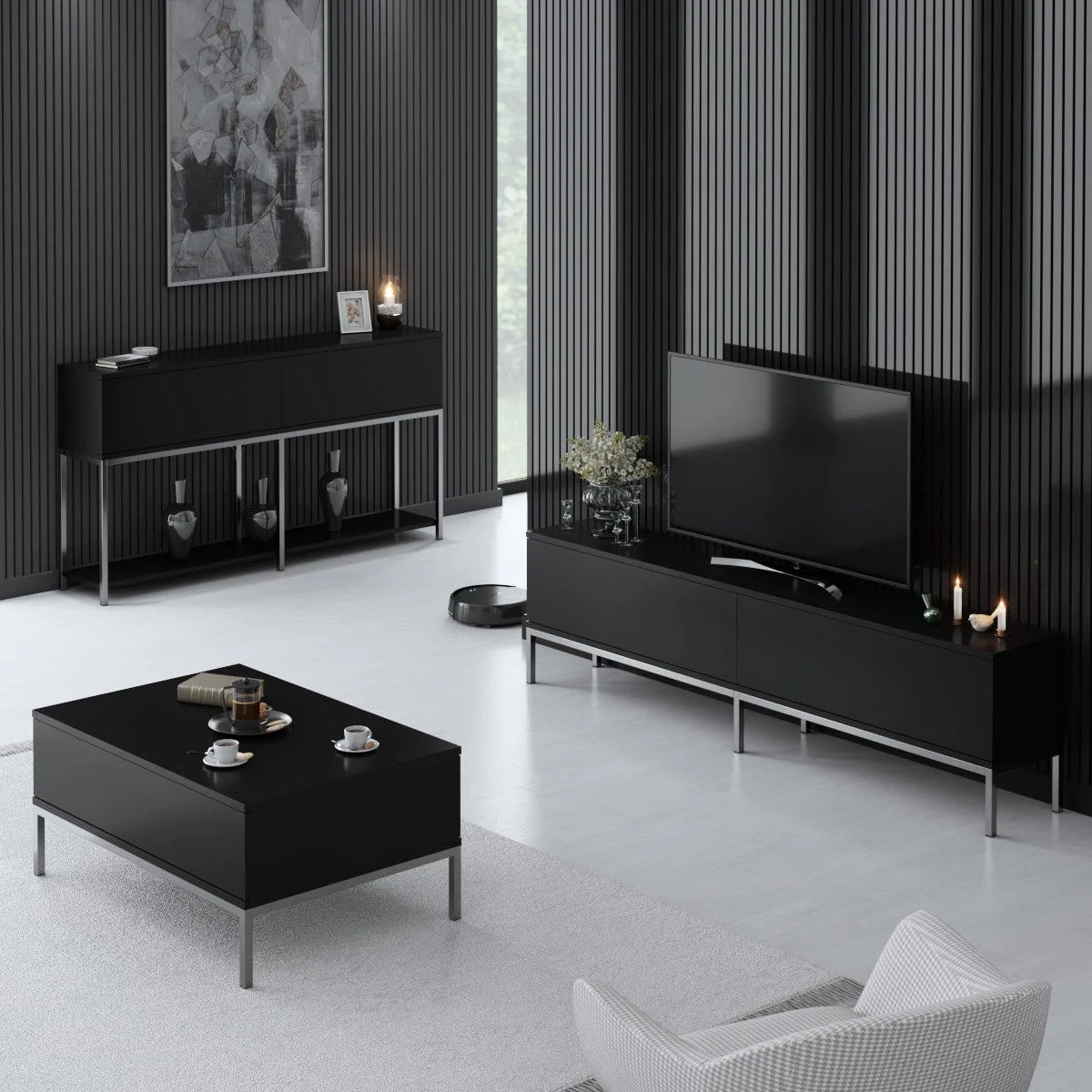 Möbelset Black Lord - Couchtisch + TV-Schrank + Kommode – silberner Rahmen