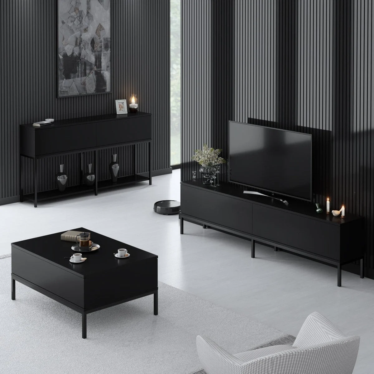 Möbelset Black Lord - Couchtisch + TV-Schrank + Kommode – schwarzer Rahmen