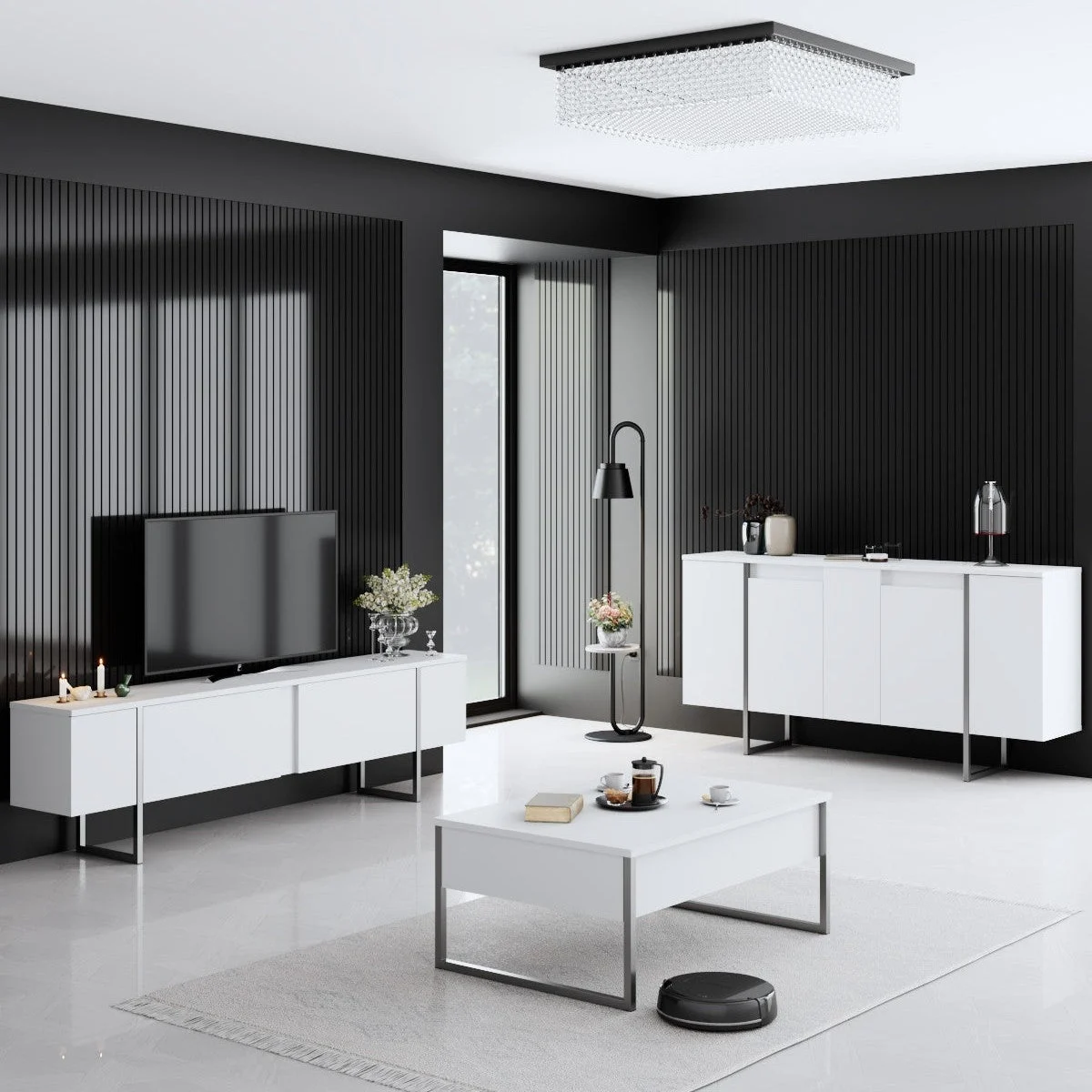 Möbelset Weiß Luxus - Couchtisch + TV-Schrank + Luxuskommode – silberner Rahmen