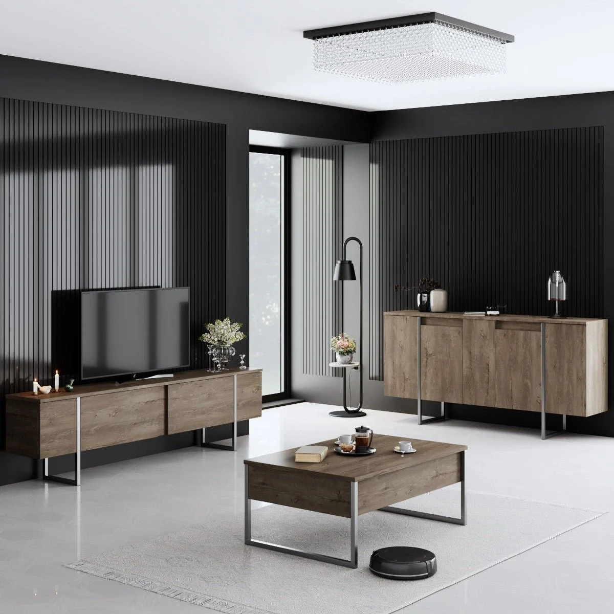 Möbelset Walnuss Luxus - Couchtisch + TV-Schrank + Kommode – silberner Rahmen