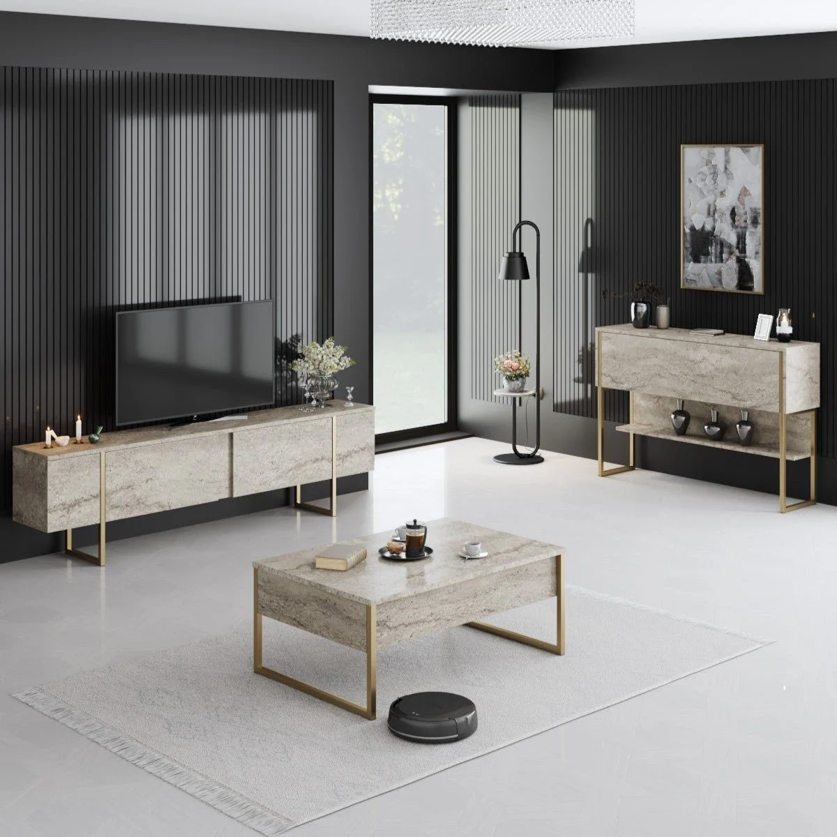 Möbelset Travertin Luxus - Couchtisch + TV-Schrank + Luxuskommode – Goldener Rahmen