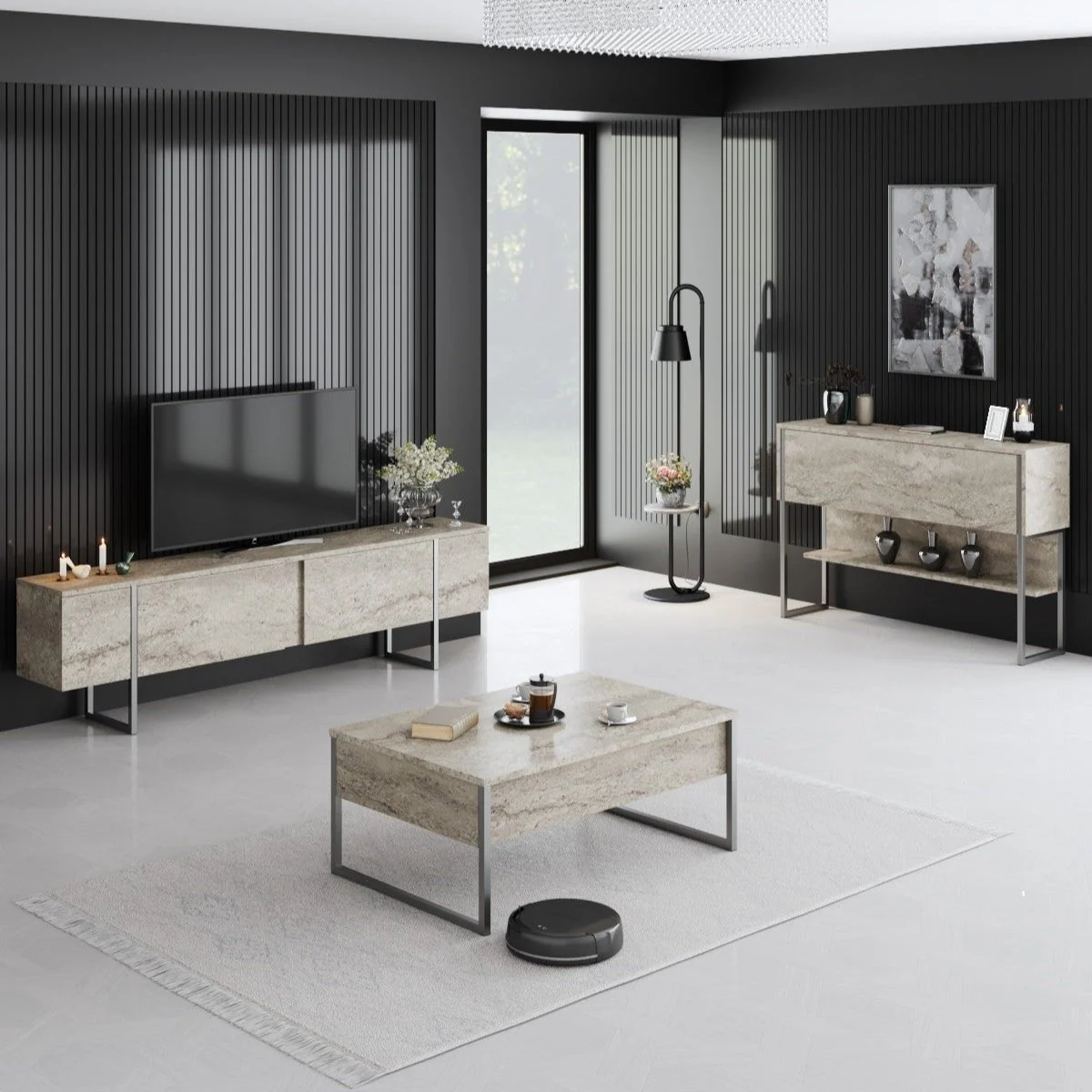 Möbelset Travertin Luxus - Couchtisch + TV-Schrank + Kommode – silberner Rahmen