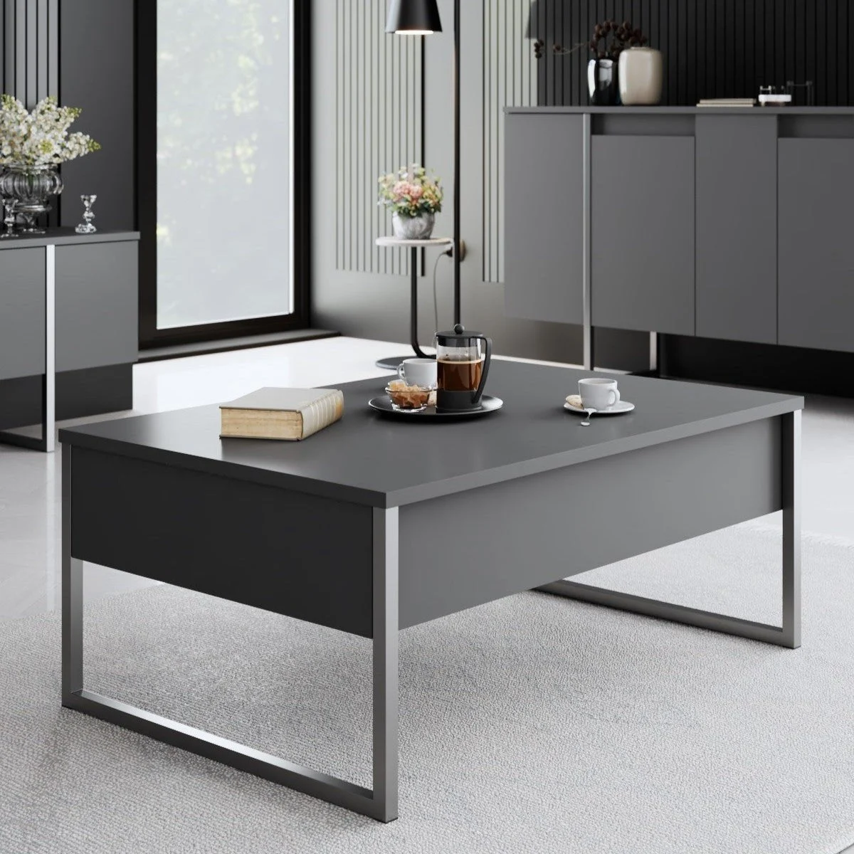 Rechteckig Couchtisch Anthrazit Luxus 90x60 – Silberner Rahmen