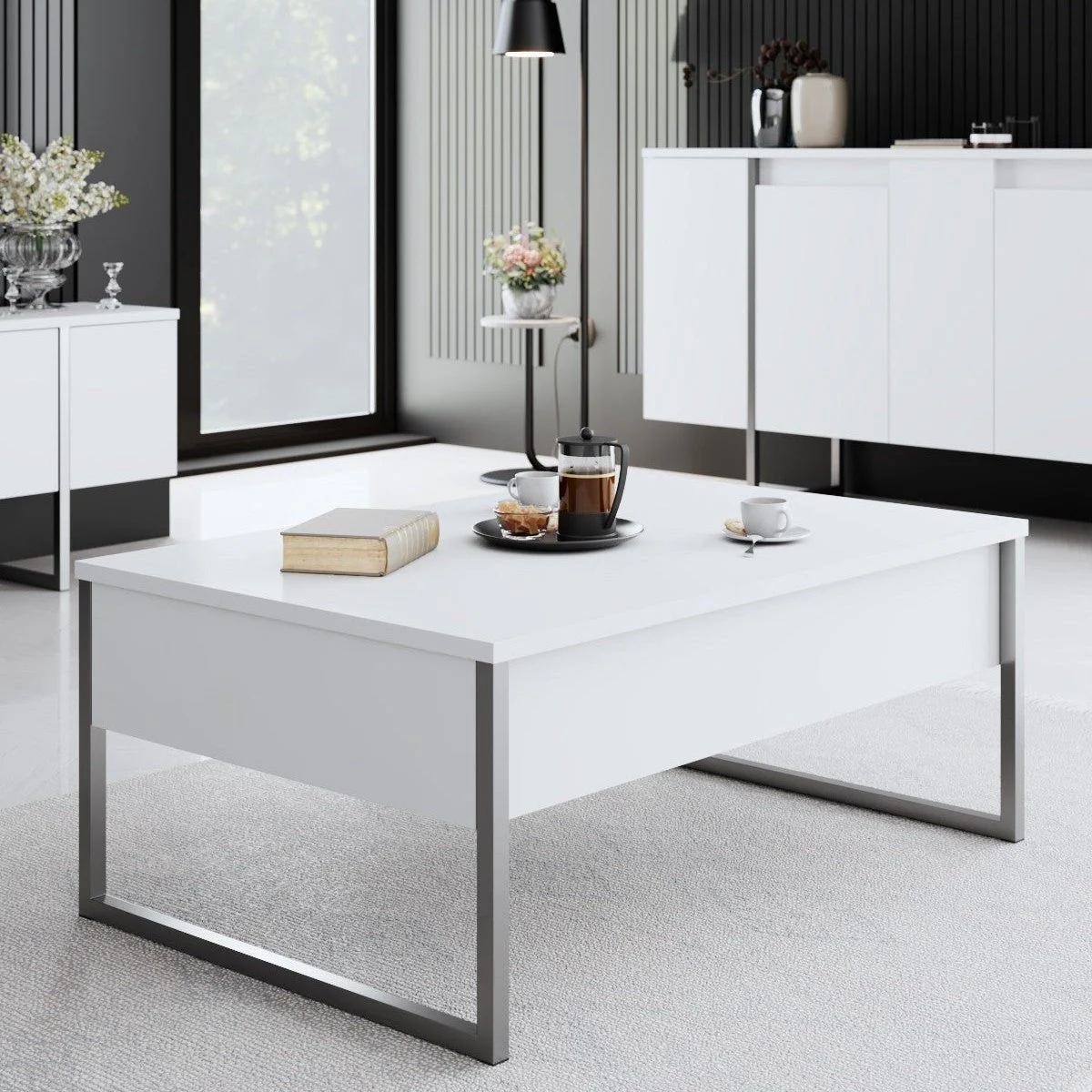 Rechteckig Couchtisch Weißer Luxus 90x60 – Silberner Rahmen