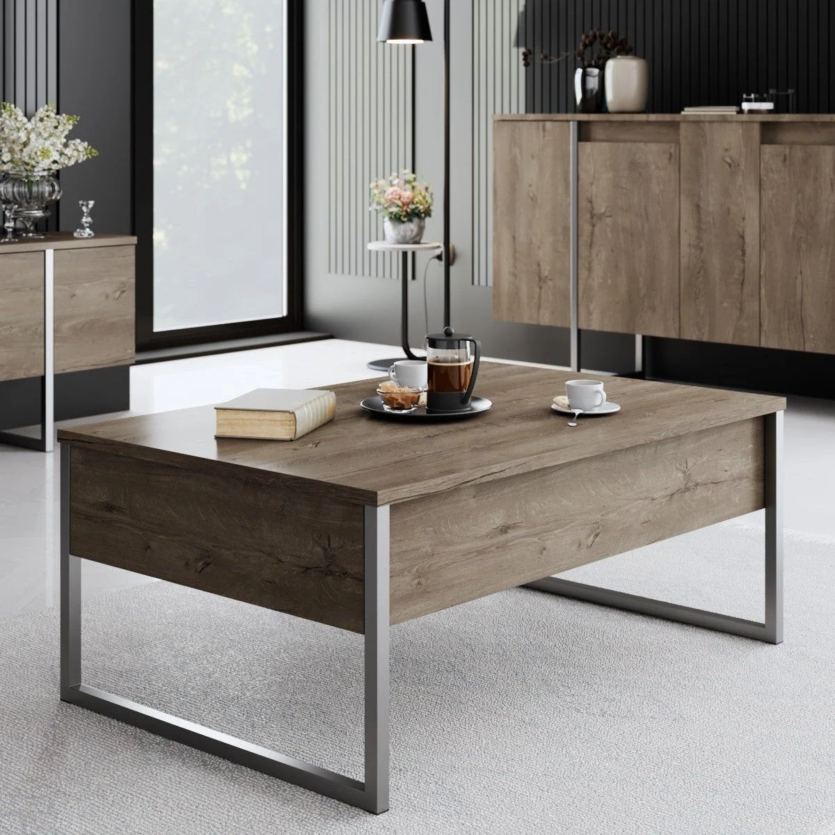 Rechteckig Couchtisch Walnuss Luxus 90x60 – Silberner Rahmen
