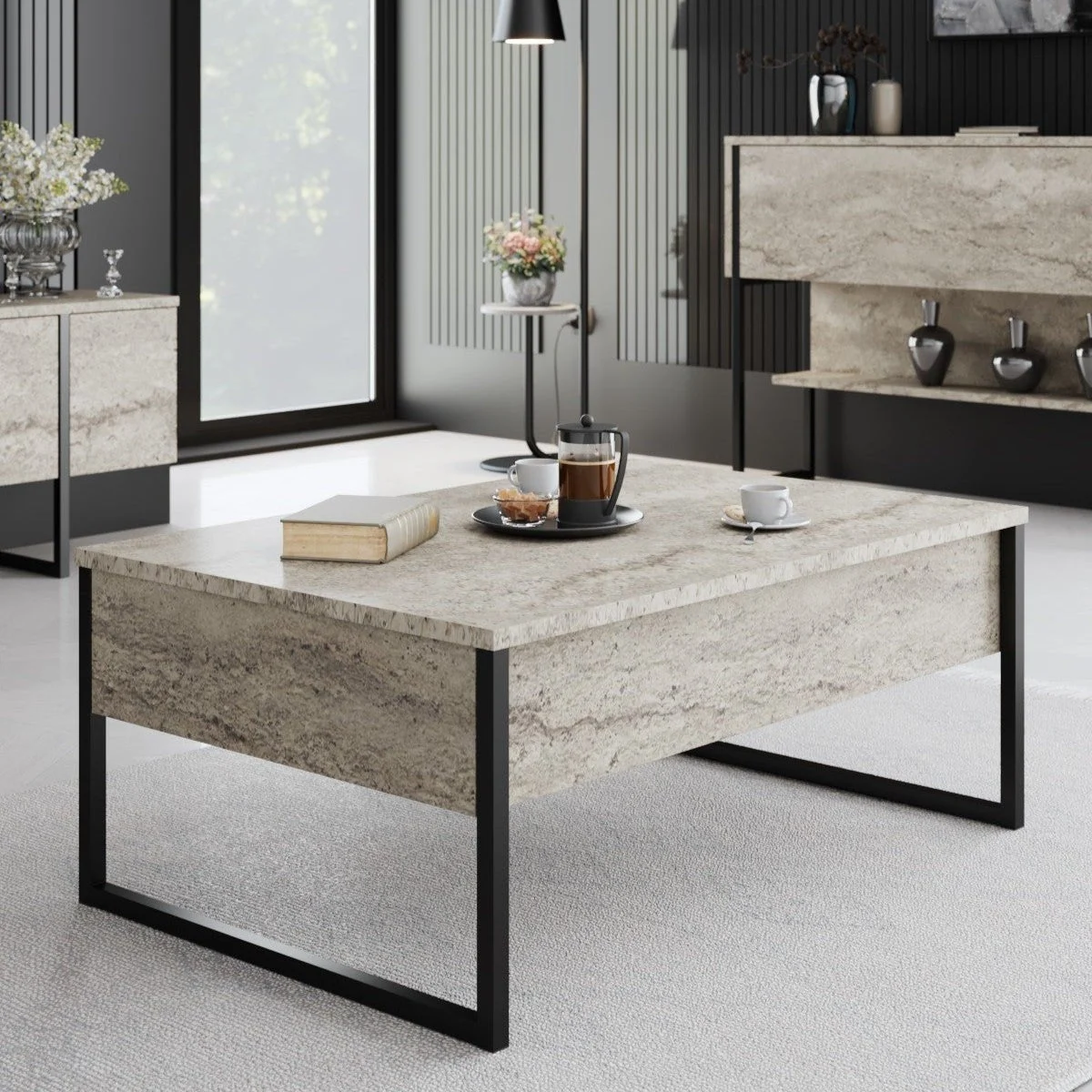 Rechteckig Couchtisch Travertin Luxus 90x60 - Schwarzer Rahmen