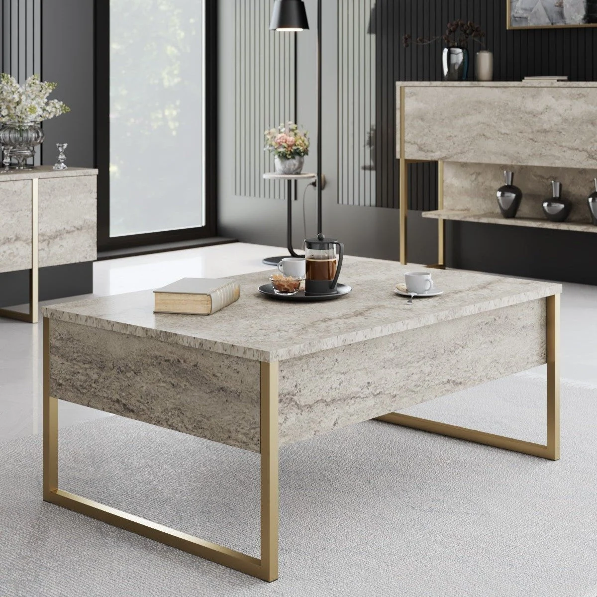 Rechteckig Couchtisch Travertin Luxus 90x60 – Goldrahmen