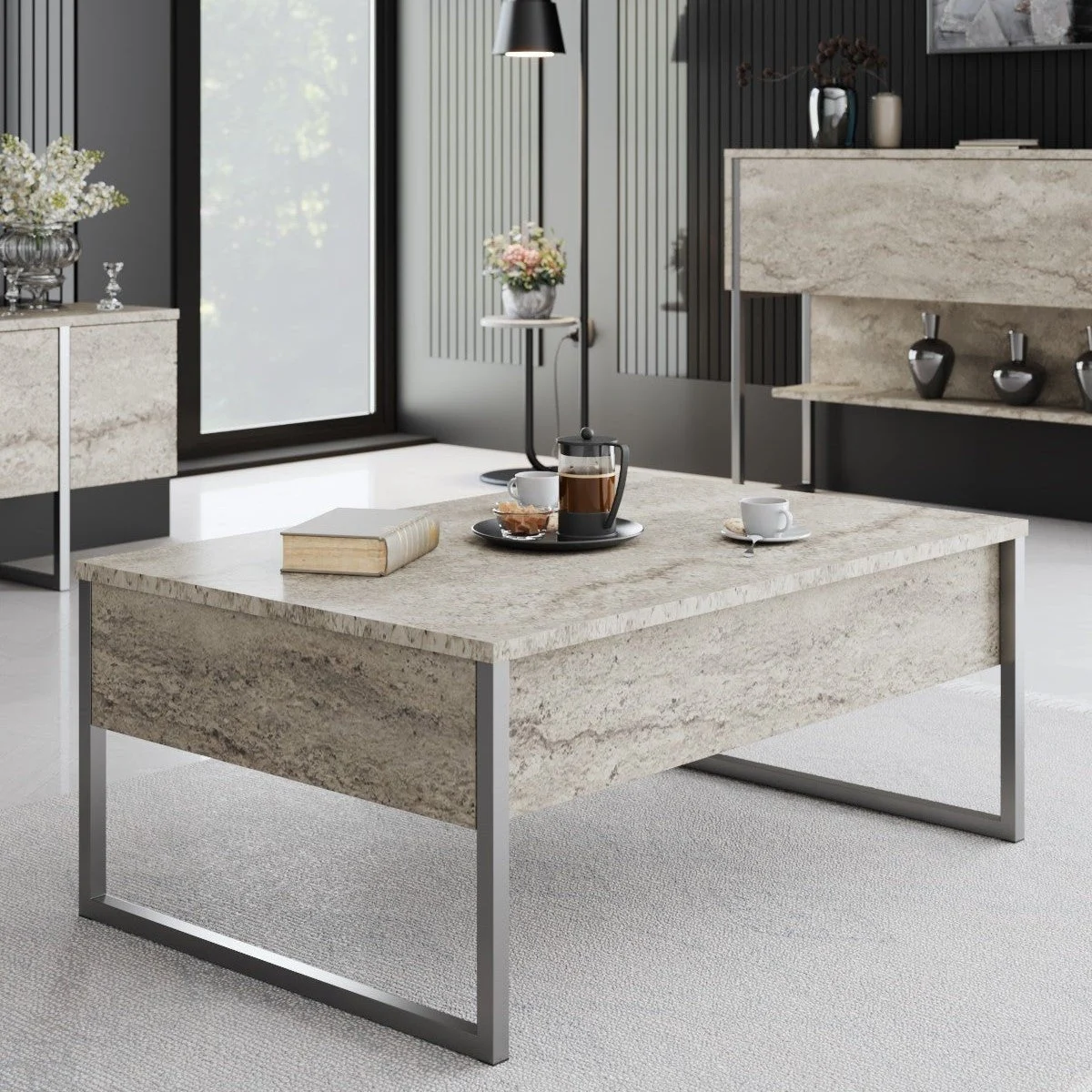 Rechteckig Couchtisch Travertin Luxus 90x60 – Silberrahmen
