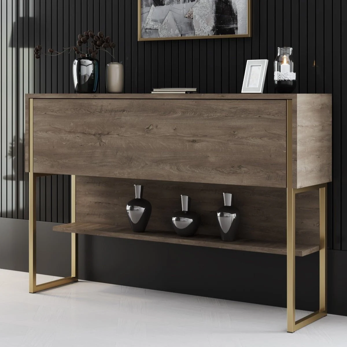 Modern Sideboard Walnuss Luxus 120x80x30 - Goldrahmen - Ein Fach