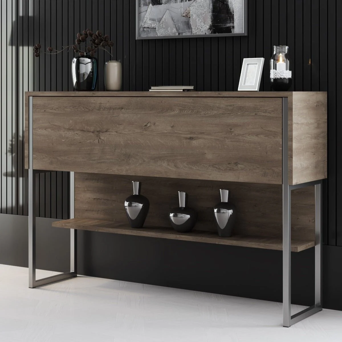 Modern Sideboard Walnuss Luxus 120x80x30 - Silberner Rahmen - Ein Fach