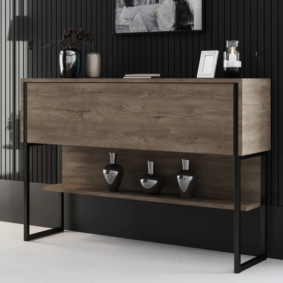 Modern Sideboard Walnuss Luxus 120x80x30 - Schwarzer Rahmen - Ein Fach