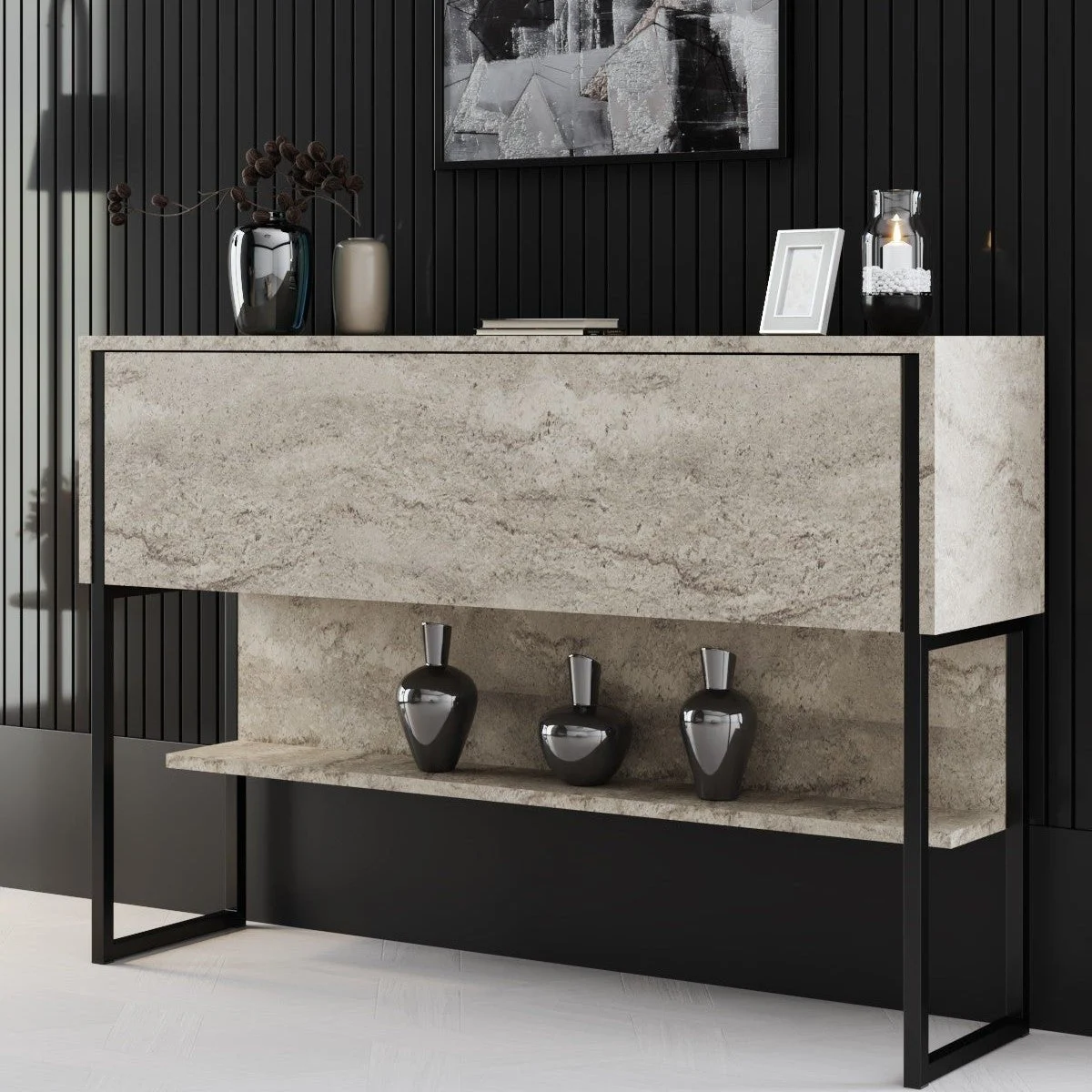 Modern Sideboard Travertin Luxus 120x80x35 - Schwarzer Rahmen - Ein Fach