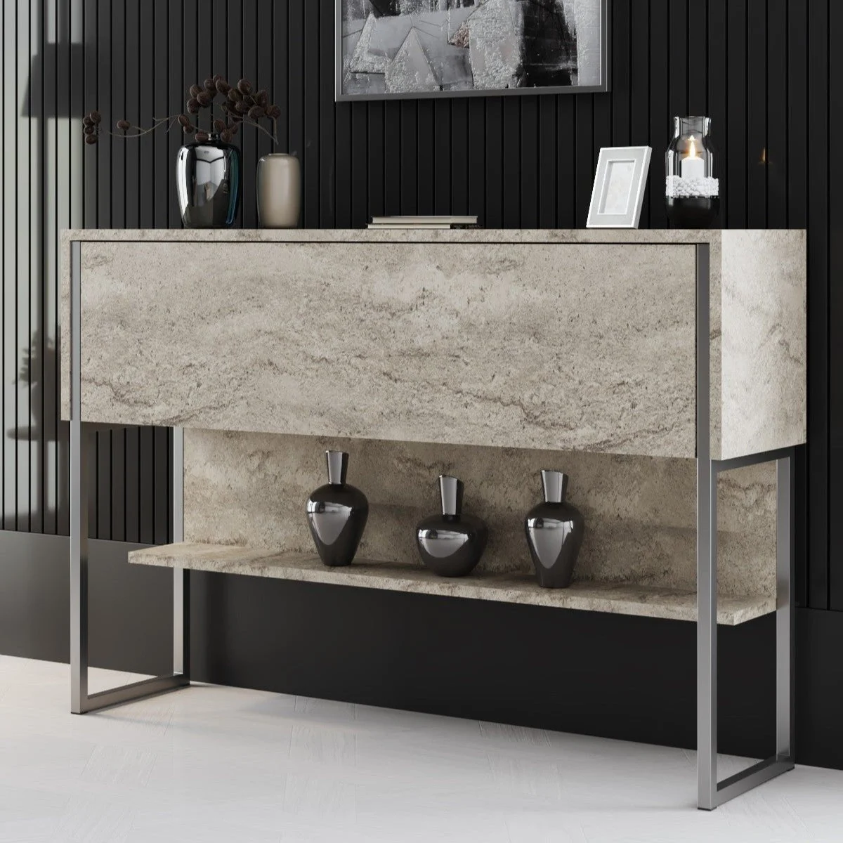 Modern Sideboard Travertin Luxus 120x80x30 - Silberner Rahmen - Ein Fach