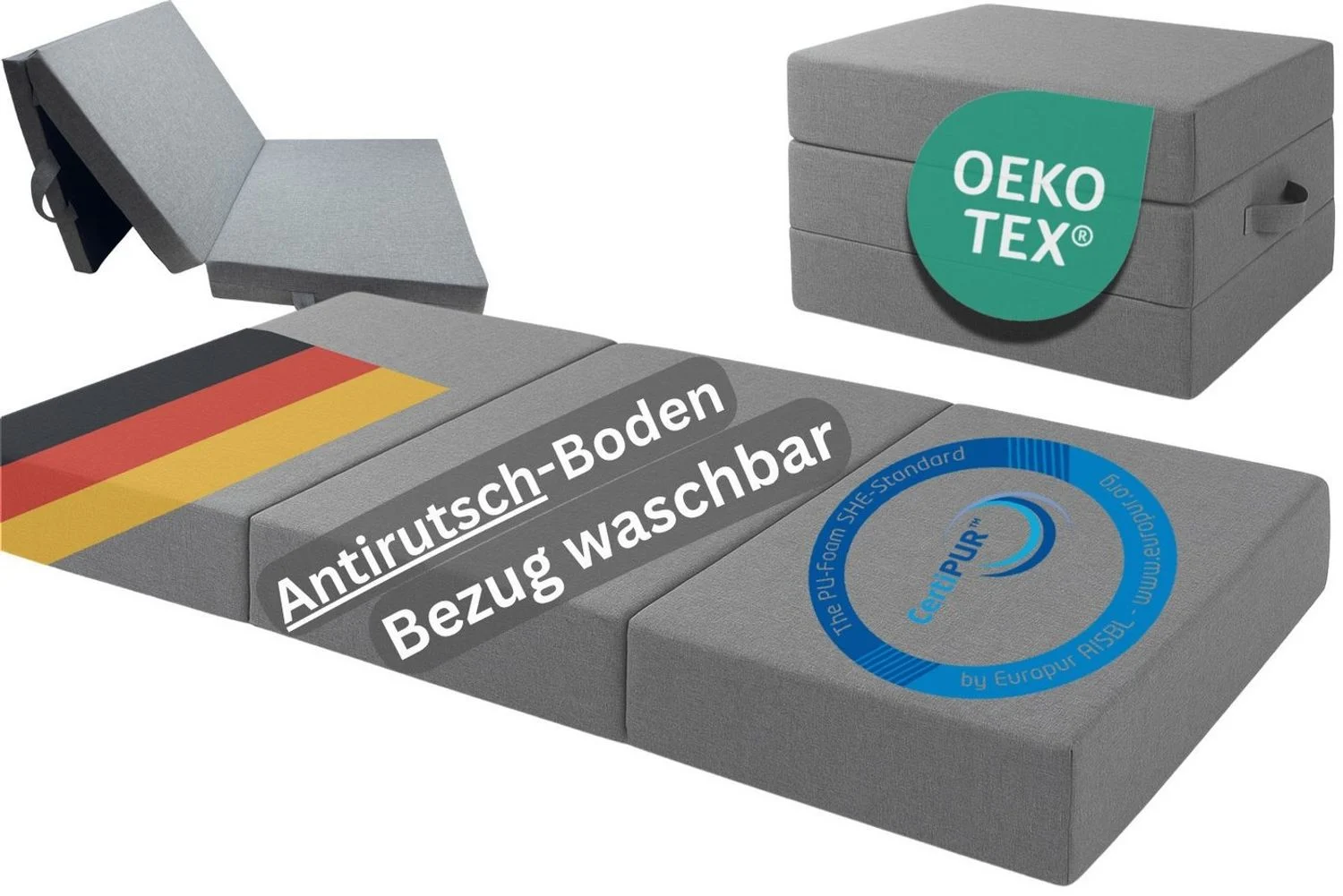 Klappmatratze Premium – 15cm dick, 4cm Visco-Schicht, ideal als Gästematratze, TexDeko, 15 cm hoch, (200 cm x (nach Wahl) x 15 cm), UV-Beständig, wasserabweisend, waschbarer Bezug, Anti-Rutsch-Boden