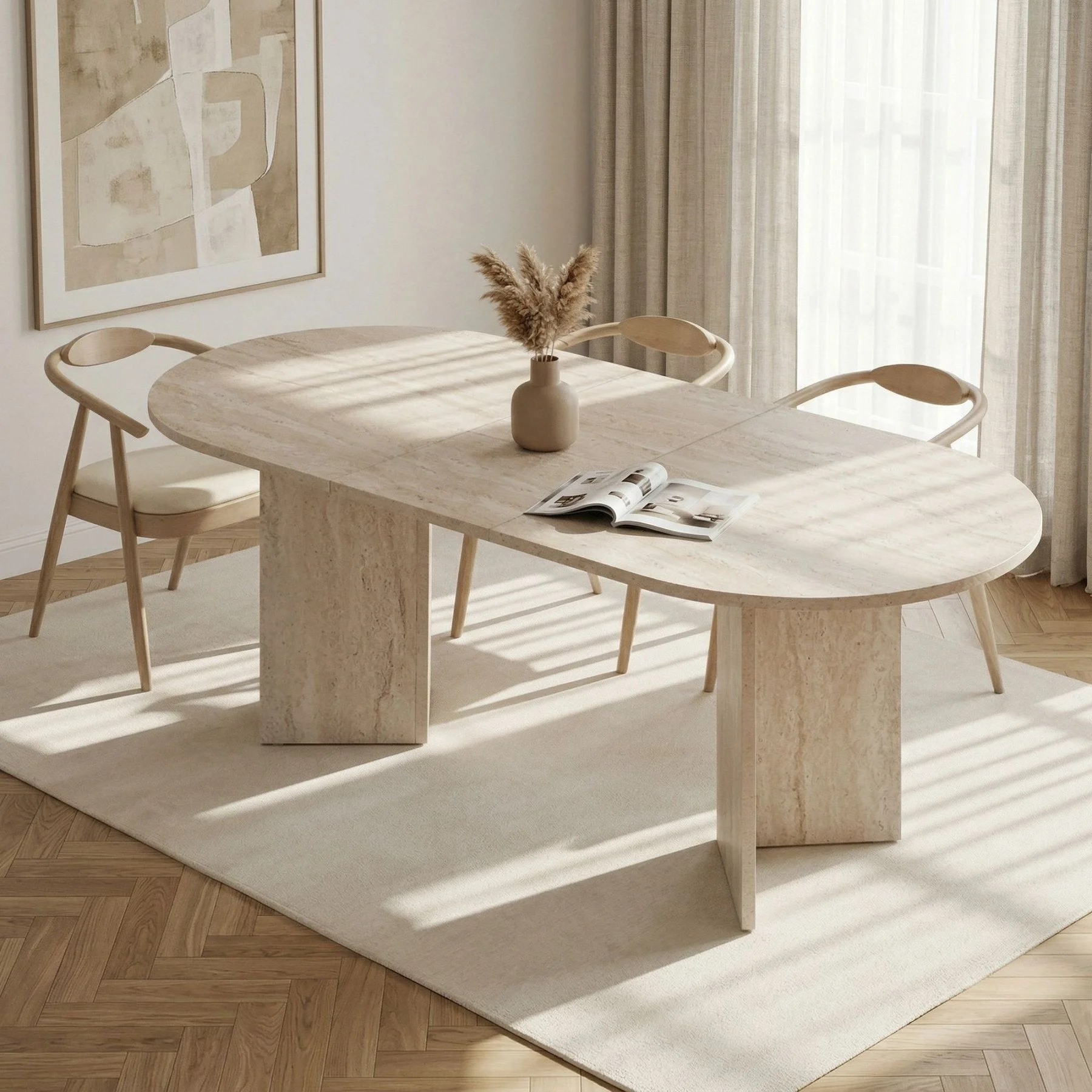 Ovaler ausziehbarer Tisch aus Travertin – Japandi – 160–200 cm – Sota
