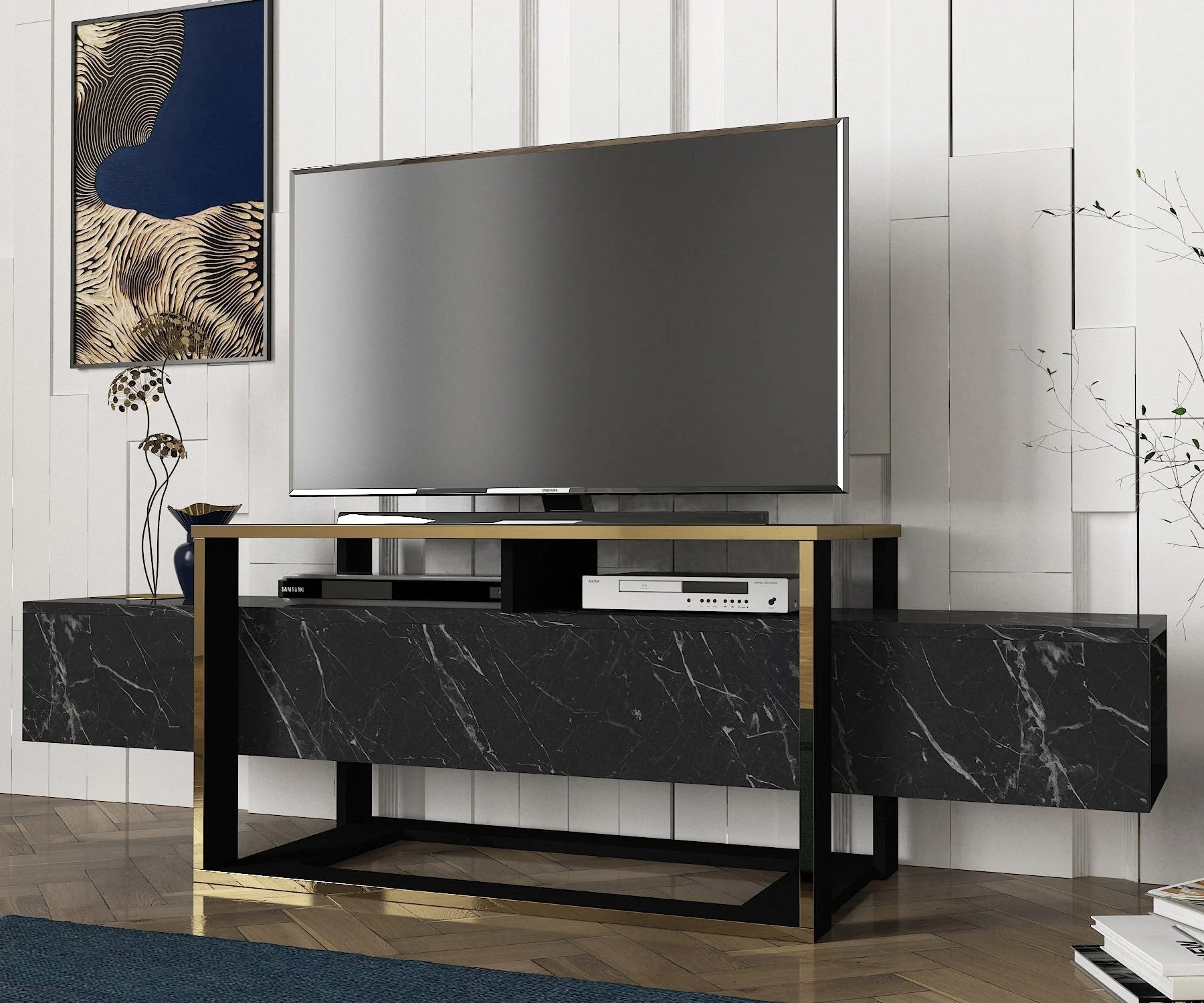 TV-Möbel Bianco Schwarzgold Melamin 160x49,8x46,1 cm