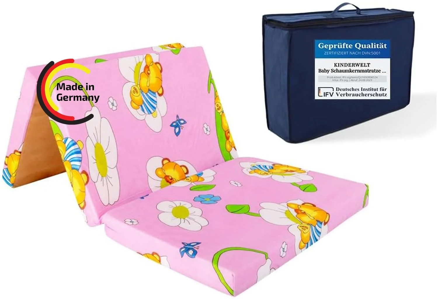 KiNDERWELT Reisebett Baby Reisematratze 120x60 cm, rosa, Klappmatratze Faltmatratze, Schaumstoff Matratze Kinder aus hochwertigem Kaltschaum, Made in Germany