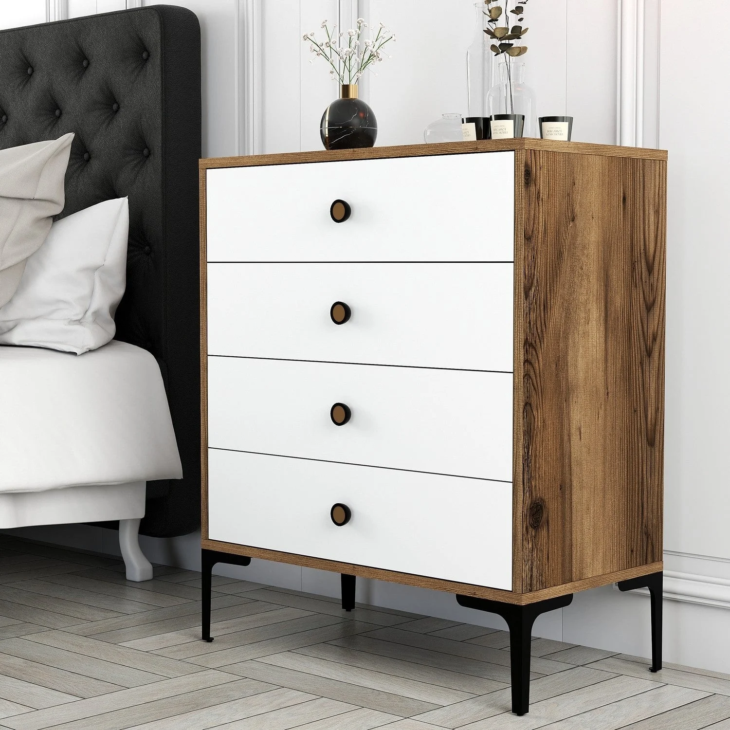 Kommode Lizbon Walnussweiß Melamin 76x90,7x40 cm - 4 Schubladen